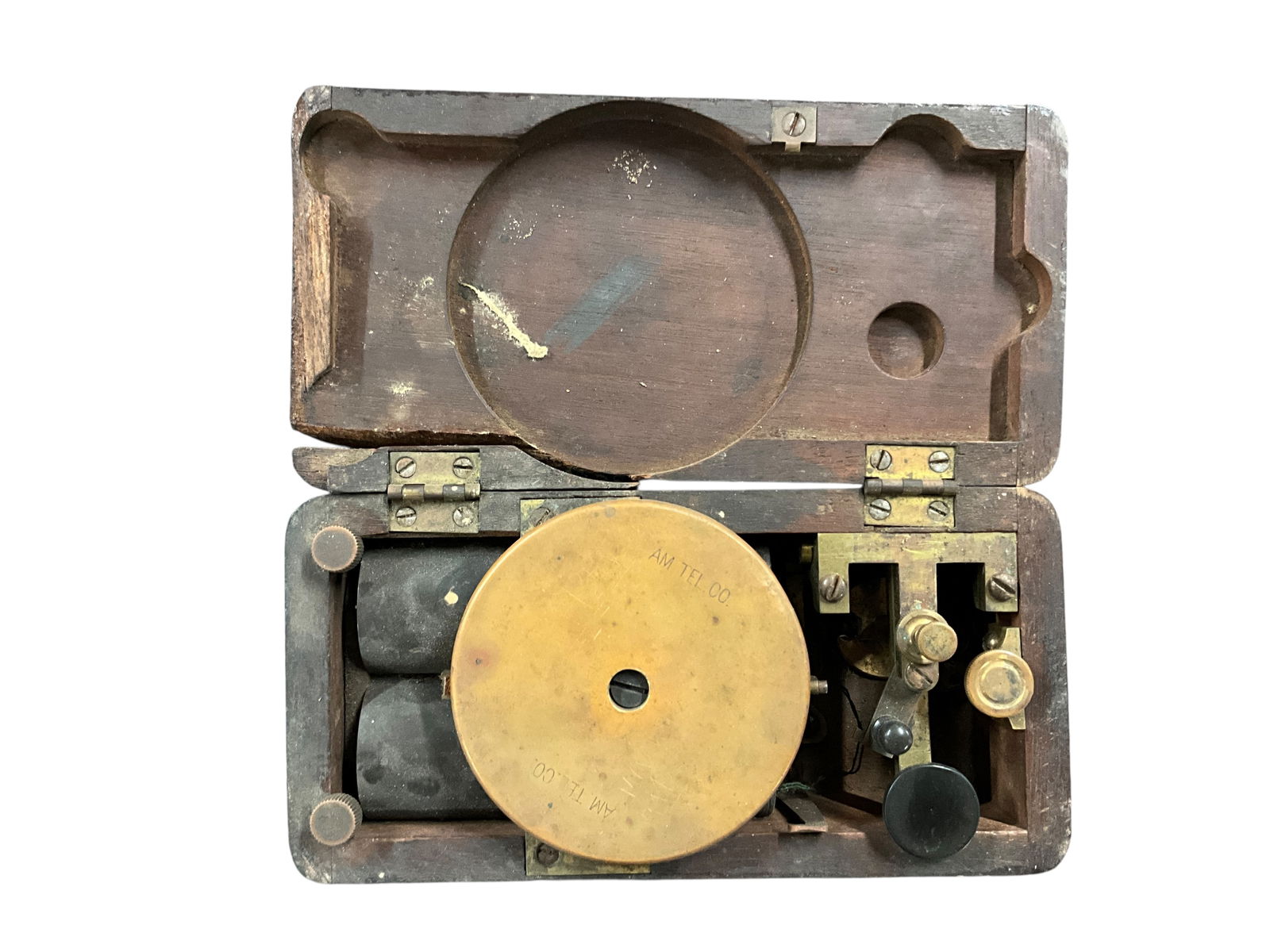 Antique Telegraph Set: Antique Telegraph Set, in original case. Unusual complete enclosed unit in a walnut case for protection and portability. Telegraph set appears to be in very good condition. The lid of the case is brok