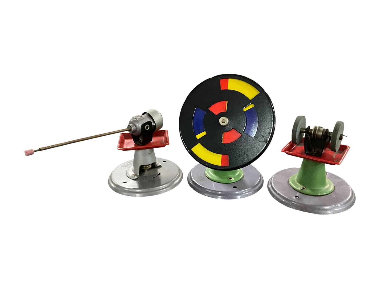 Wilesco Toy Model Color Wheel, Flexible Shaft Tool, and Bench Grinder: Wilesco Toy Model Color Wheel, Flexible Shaft Tool, and Bench Grinder. Miniature tools which run off the Power Take of from a model steam power plant, such as found in lots 144 and 149. Made by