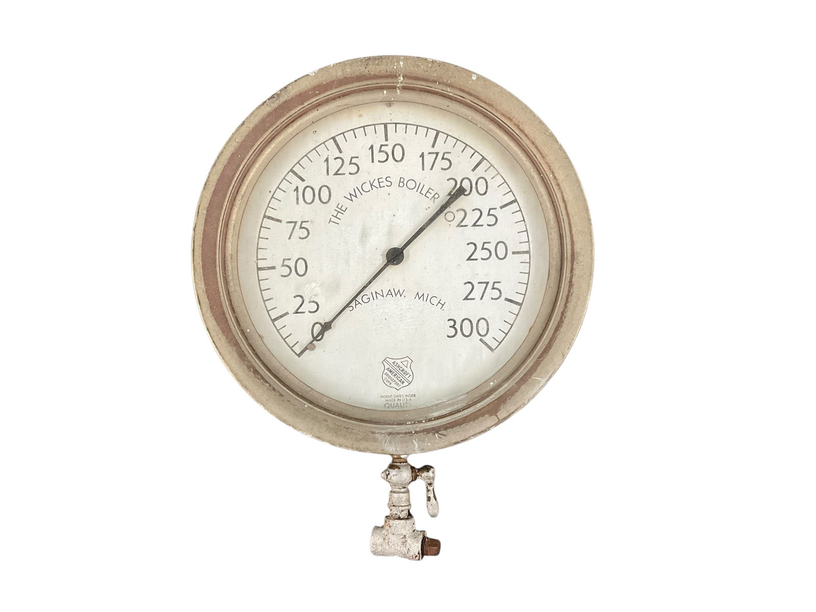 Wickes Boiler Co. Temperature Gauge: Wickes Boiler Co. Temperature Gauge. Large 12 inch diameter temperature gauge from the Wickes Boiler Co. of Saginaw, Michigan.