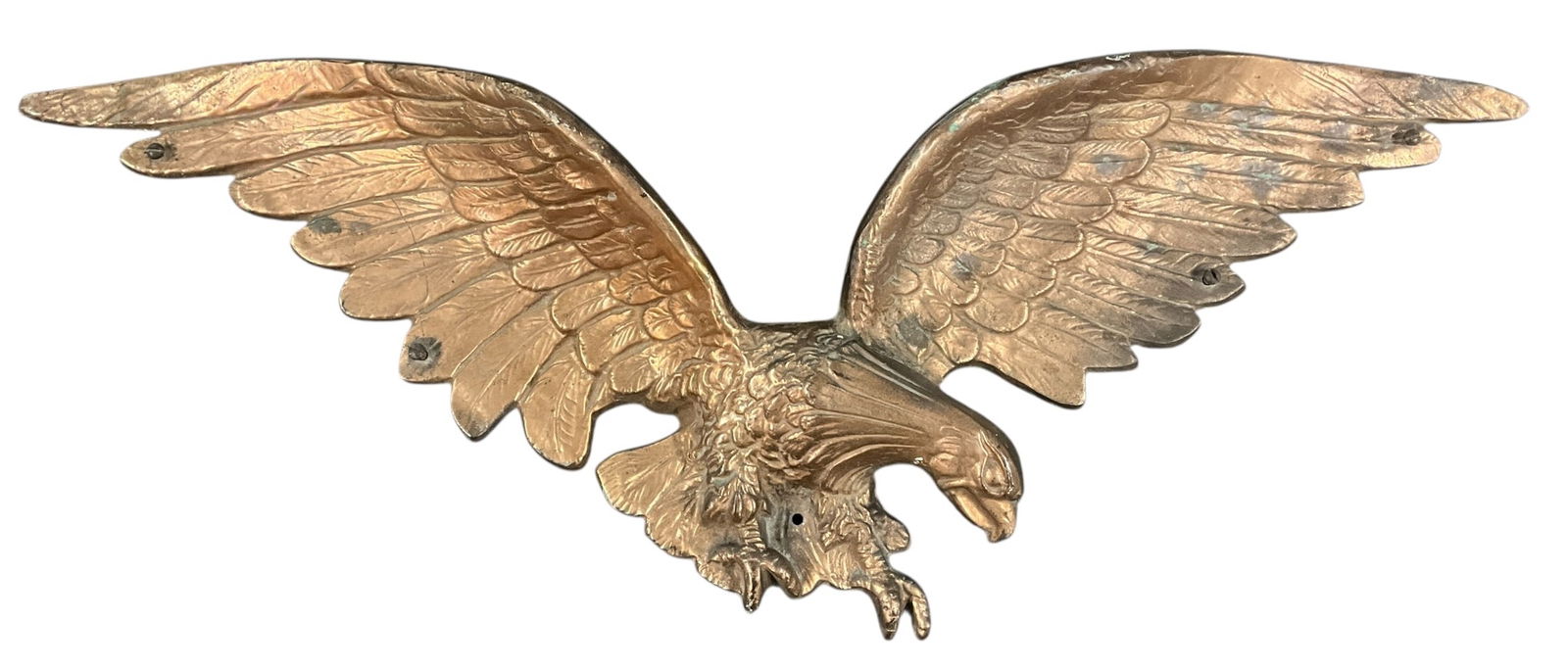 Solid Bronze Eagle Plaque: Solid Bronze Eagle Plaque- Nicely detailed eagle in the classic early American pose, with fully spread wings and extended claws. 28" wide, wingtip to wingtip. Over 10 Lbs.