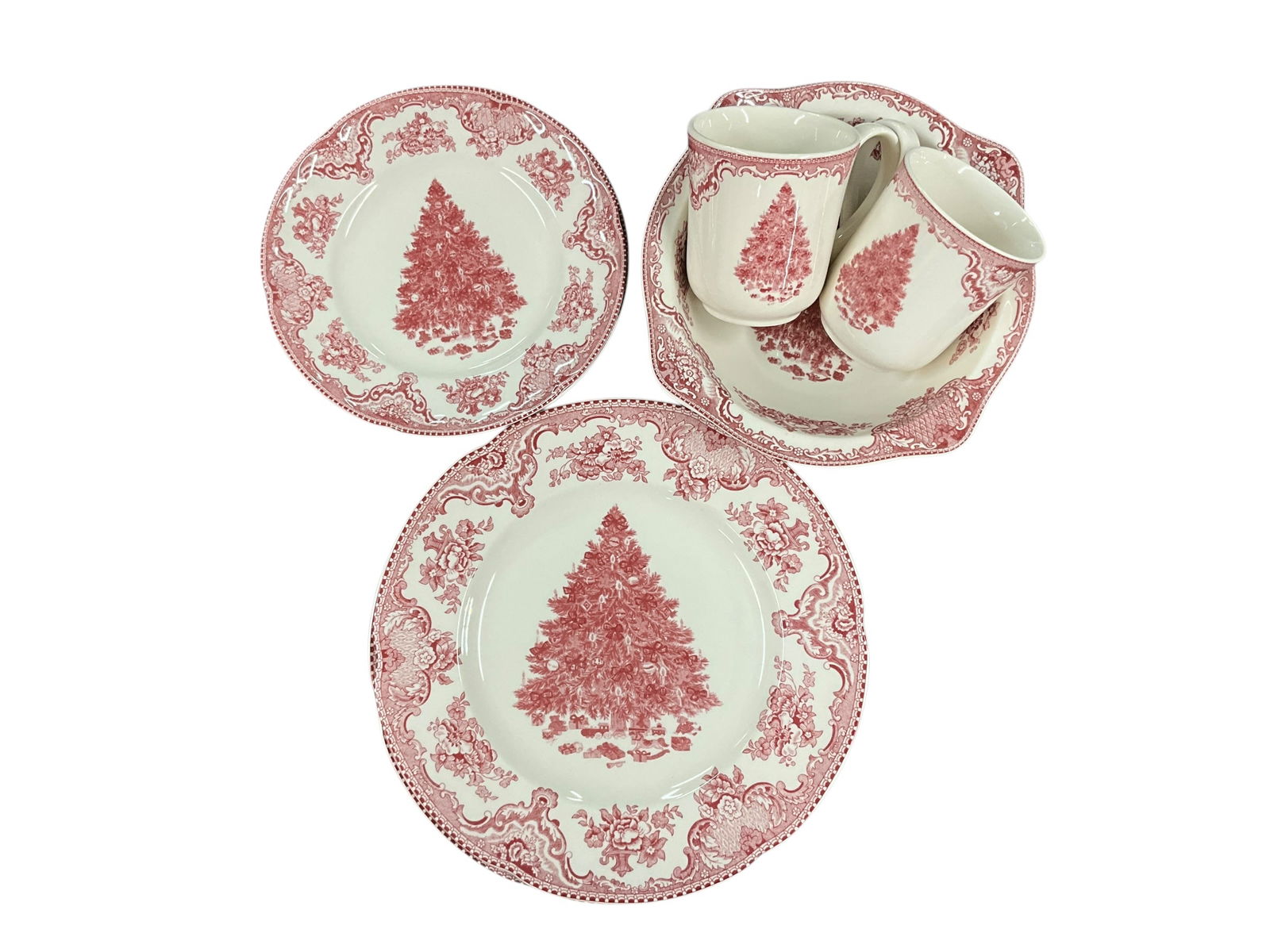 Johnson Bros. Christmas China: Johnson Bros. Old Britain Castles Pink Christmas Tree service for two. Christmas service for two- two dinner plates, two mugs, four dessert plates, and a serving bowl. A nice starter set of Christmas