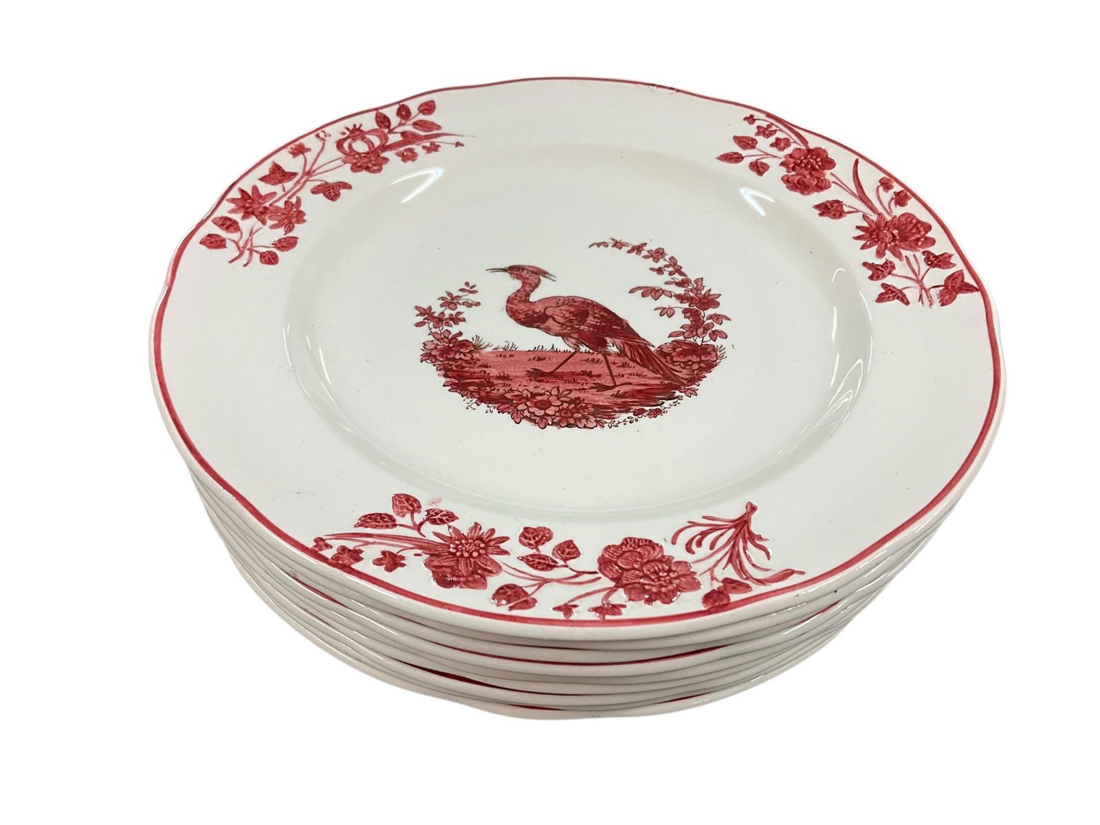 Group of Nine Copeland Spode Dessert Plates: Group of Nine Copeland Spode Dessert Plates, in Pheasant of Chelsea Bird pattern. Approx. 7.5" diameter, with transferware bird in center, with raised floral border.