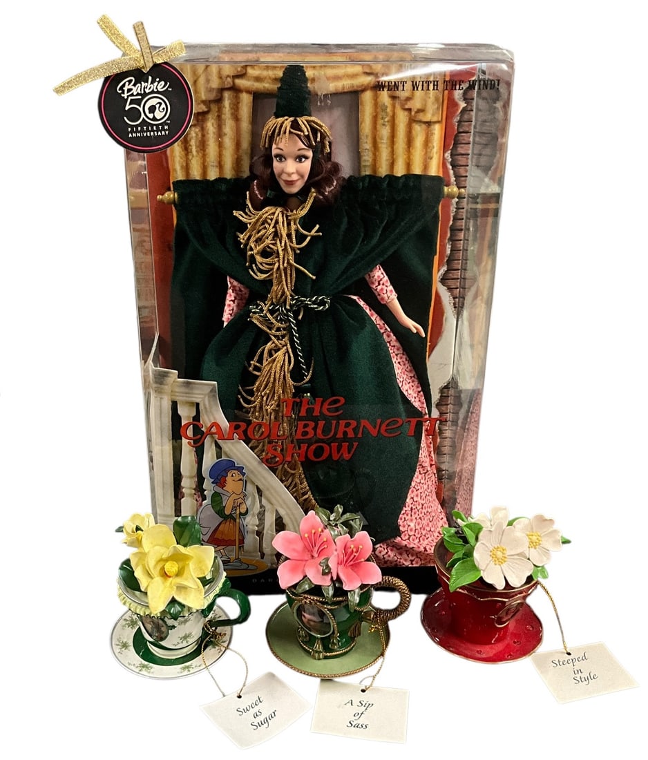 Carol Burnett/Gone With the Wind Collector Doll, Teacups: Carol Burnett/Gone With the Wind Collector Doll, Teacups. Carol Burnett "Went With the Wind" collector doll, part of the Mattel Barbie 50th Anniversary line. Also three limited edition "Scarlett's