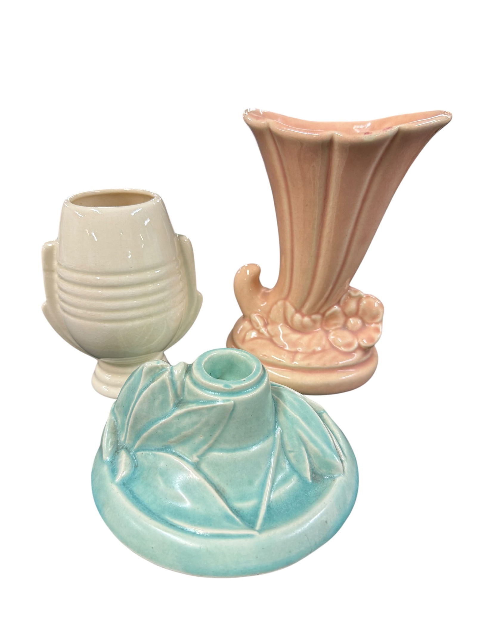 Trio of USA Marked Ceramic Items: Trio of USA Marked Ceramic Items. Two vases and a candlestick, likely Shawnee and/or McCoy.