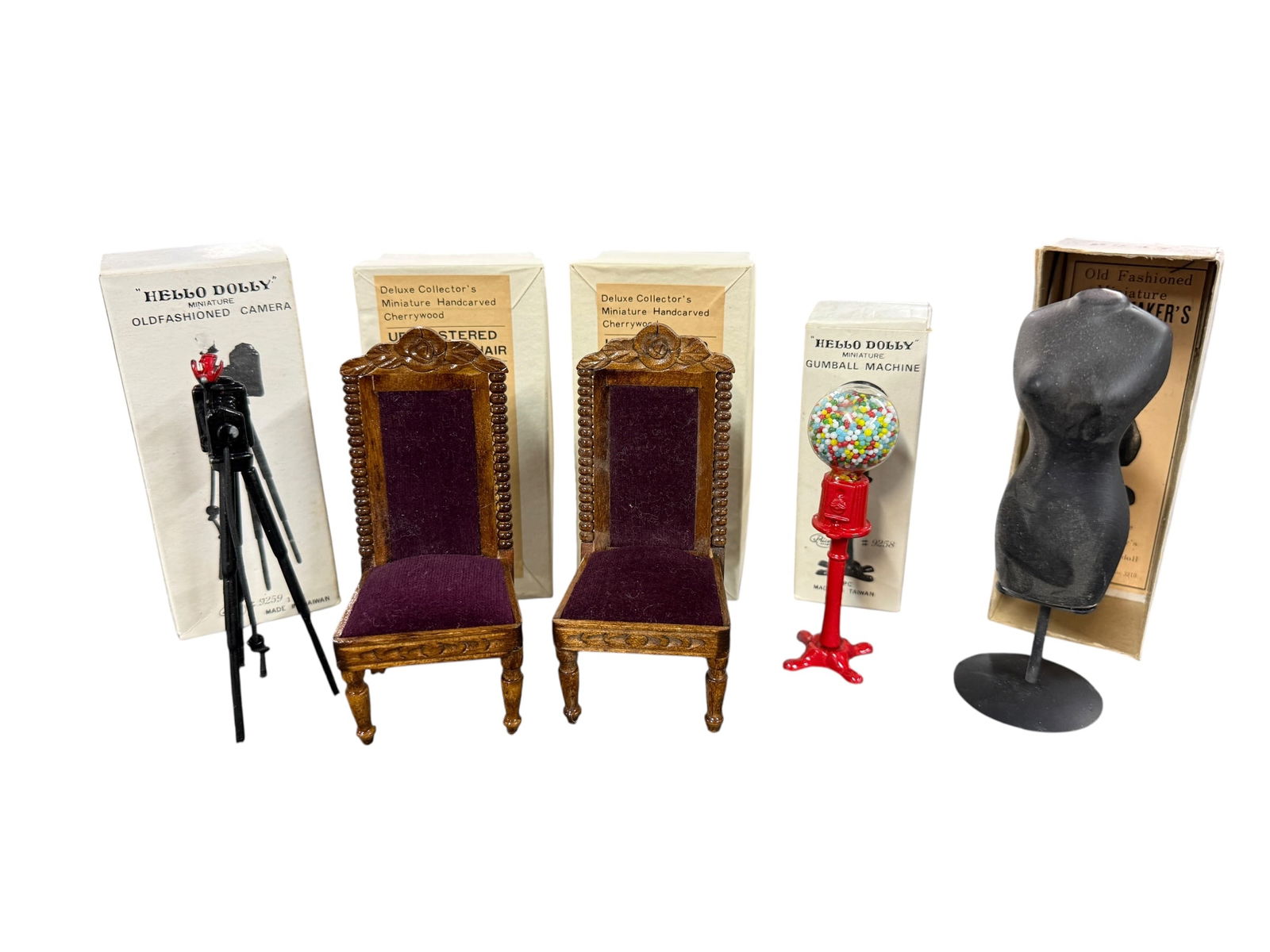 1970's-80's Shackman or Price Doll House Furniture: 1970's-80's Shackman or Price Doll House Furniture. Five pieces, made in Japan or Taiwan, all in original boxes. Two upholstered banquet chairs, a dress form, a gumball machine, and a camera on