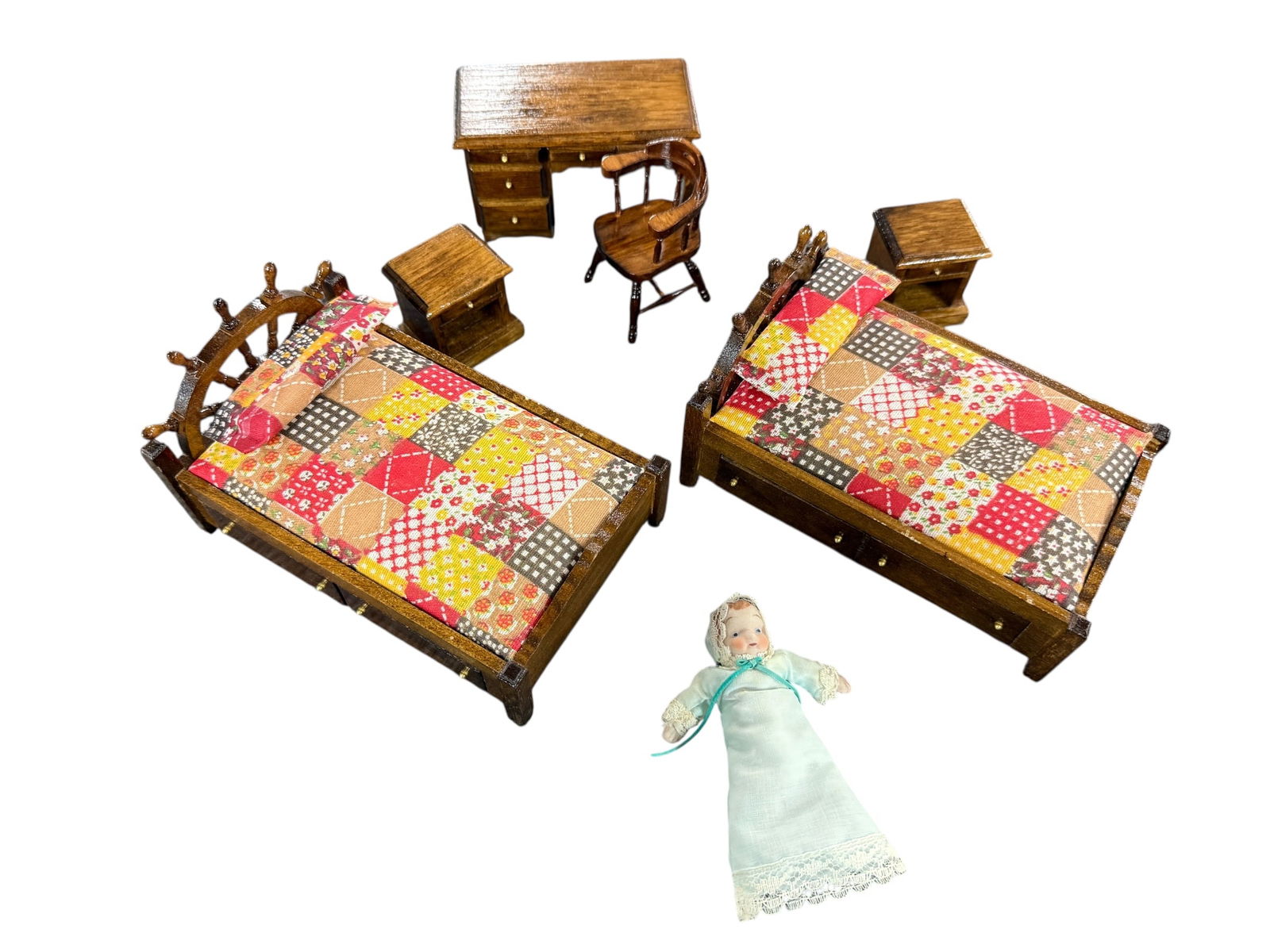 1970's-80's Shackman Dollhouse Furniture: 1970's-80's Shackman Dollhouse Furniture. Six Pieces- Pair of twin beds with mattresses and pillows, a pair of nightstands, and a desk & chair. There is also a tiny porcelain headed baby doll.