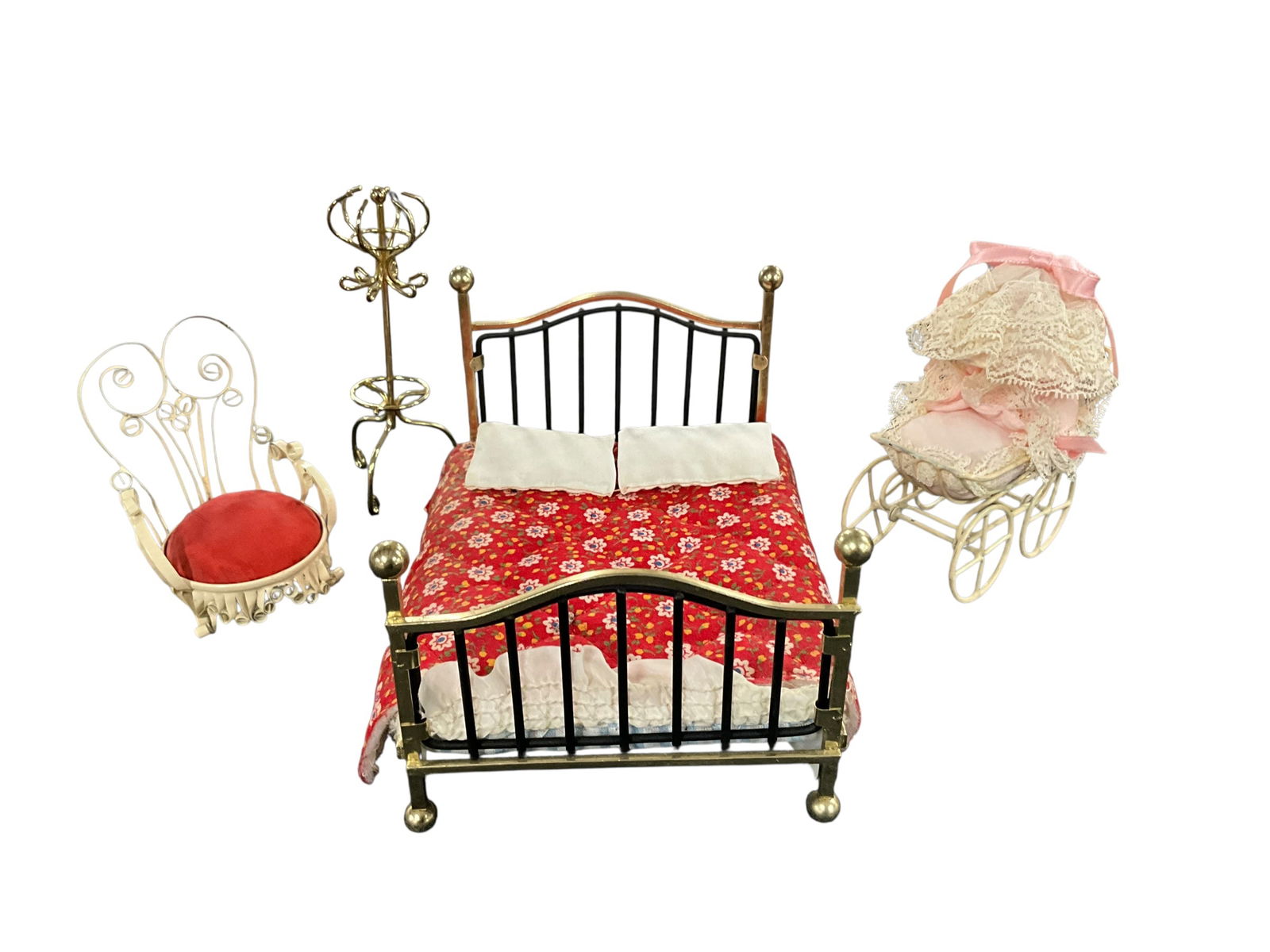 1970's-80's Shackman or Similar Doll House Furniture: 1970's-80's Shackman or Similar Doll House Furniture- Brass bed, bent metal rocking chair, baby carriage, brass hatrack. Also some sheer fabric for bedding or draperies.