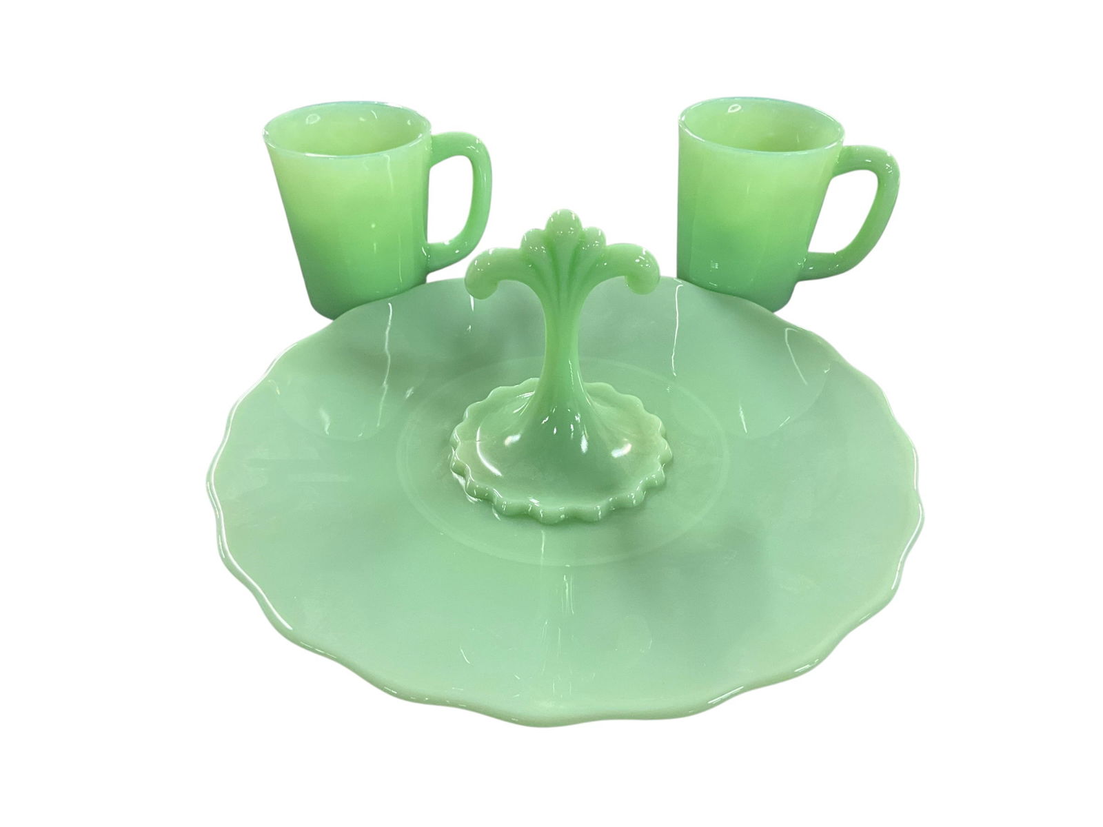 Mosser Jadeite Hors D'oeuvres Tray and Two Jadeite Mugs: Mosser Jadeite Hors D'oeuvres Tray and Two Jadeite Mugs. Tray is approx. 11.75" in diameter.