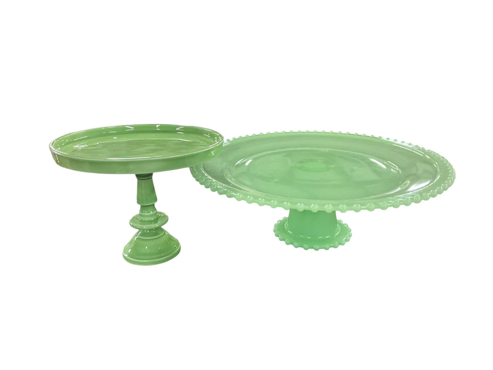 Jadeite Cake Stand, Ceramic Cake Stand.: Jadeite Cake Stand, Ceramic Cake Stand. A 12.75" diameter Jadeite Cake Stand with beaded edge, and a small green ceramic cake stand, approx. 7.5" in diameter.