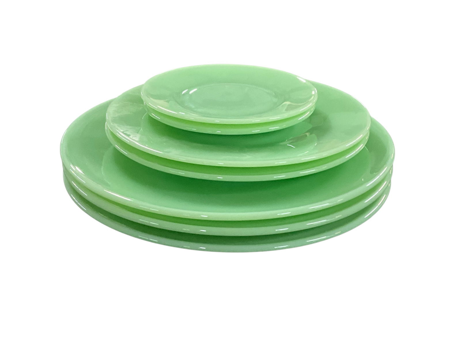 Jadeite Dinnerware Service for Two: Jadeite Dinnerware Service for Two. Three 11" Dinner Plates, two 8.5" dessert plates, and two 6" bread plates. Plates are unmarked.