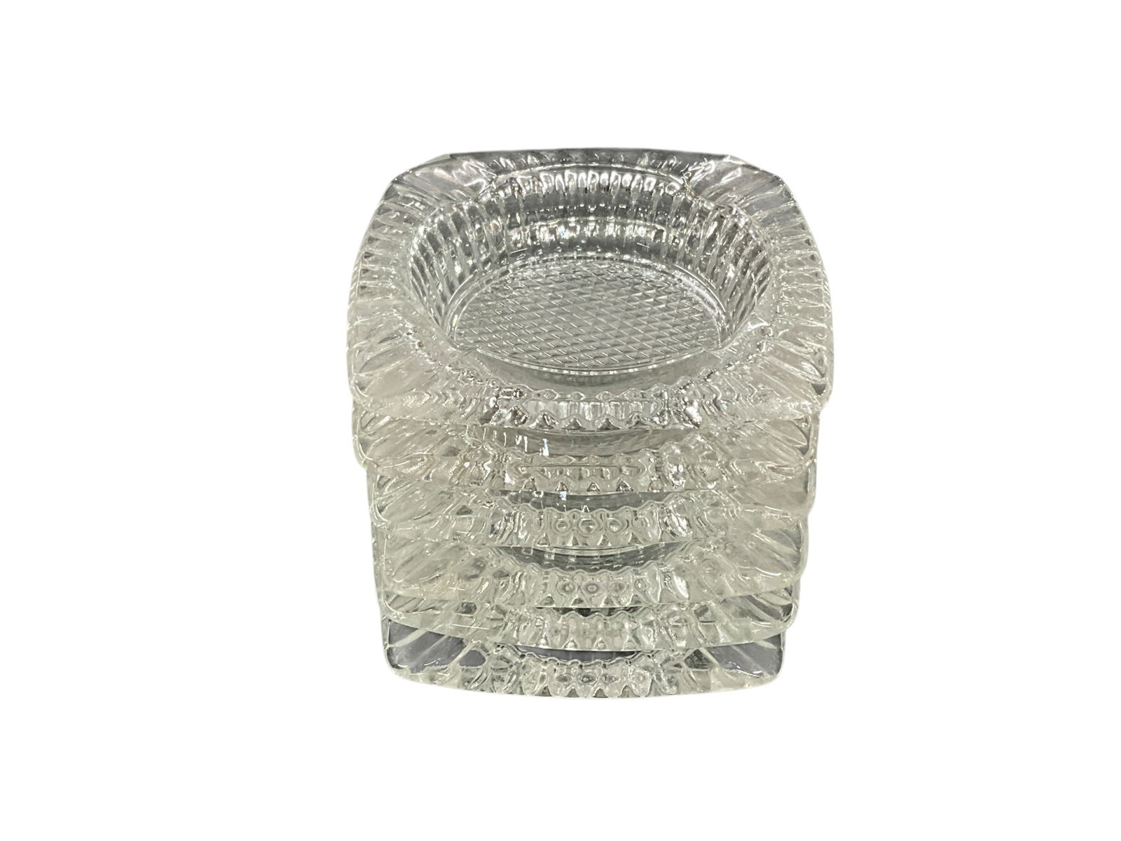 Set of Six Clear Glass Ashtrays: Set of Six Clear Glass Ashtrays. Diamond cross-hatch pattern. Approx. 4.25" square.