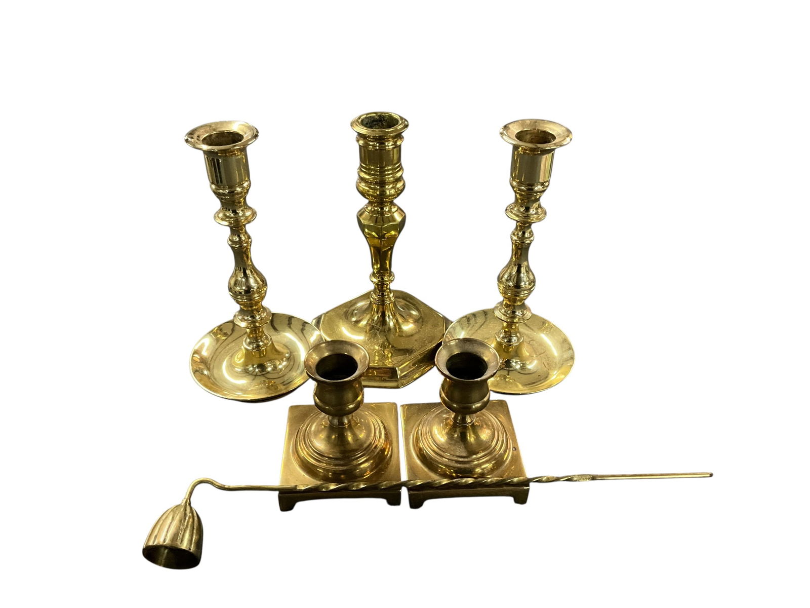 Group of 5 Brass Candlesticks, with Snuffer (1 of 8)