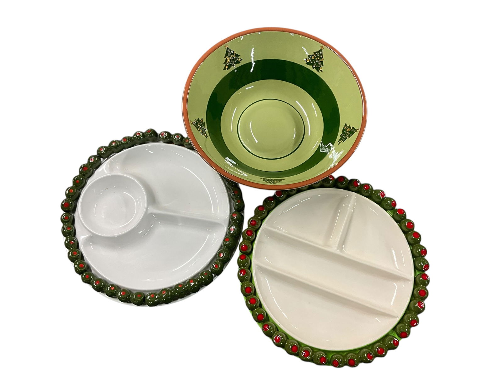 Snack Trays, Christmas Bowl: Snack Trays, Christmas Bowl. A pair of 12.5" diameter "A. Santos Portugal" marged divided snack tray with a clever olive motif border, and a Stangl Pottery festive Christmas Tree bowl approx. 12.5"