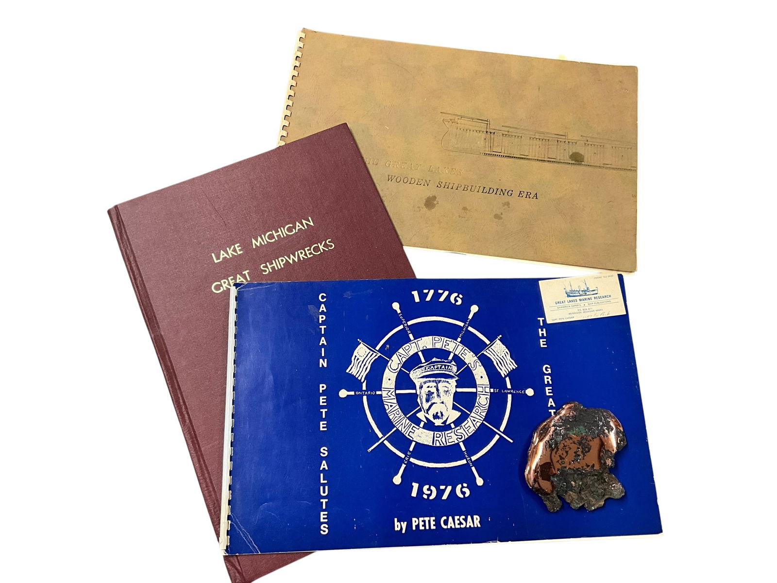 Michigan Ships and Shipwrecks Lot: Michigan Ships and Shipwrecks Lot. Three Books- "Lake Michigan: Great Shipwrecks" and "1776-1976 Captain Pete Salutes the Great Lakes," both by Pete Caesar, and "The Great Lakes Wooden Shipbuilding