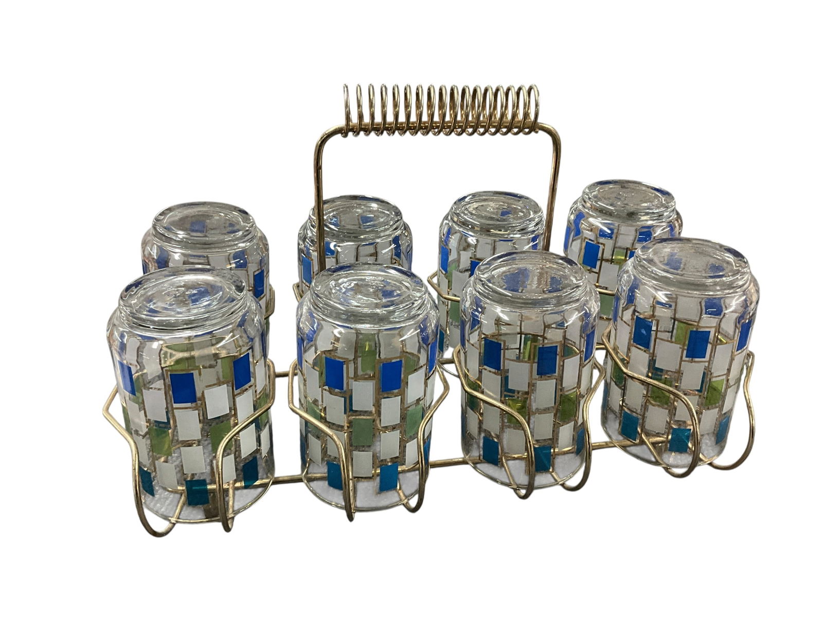 Set of Eight MCM Libbey "Nordic" Glasses in Wire Carrier: Set of Eight MCM Libbey "Nordic" Glasses in Wire Carrier. Classic Mid Century Modern styling. Each glass is approx. 4.5" high