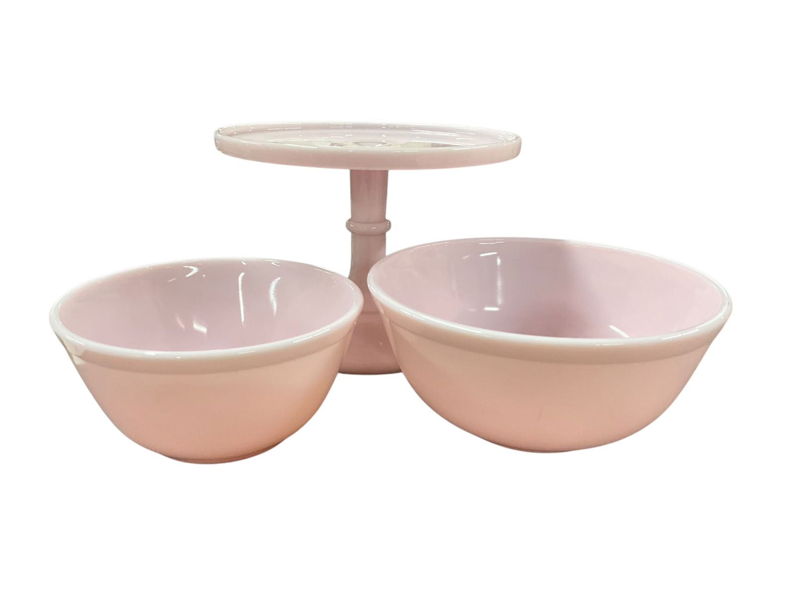 Mosser Glass Crown Tuscan Cake Stand and Nested Bowls: Mosser Glass Crown Tuscan Cake Stand and Nested Bowls. Cake stand is approx. 9.5" in diameter. 9" and 7" diameter nesting bowls are from an original group of three.