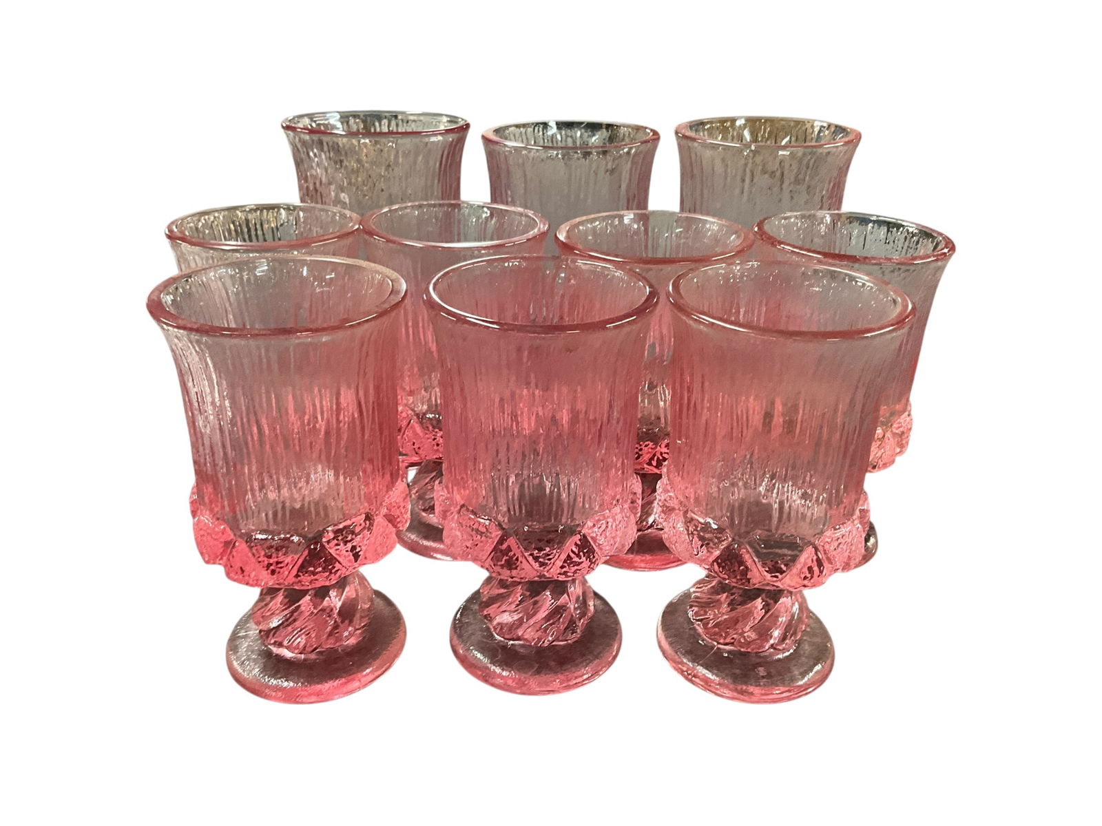 Set of 10 Fostoria Sorento Pink Glasses: Set of 10 Fostoria Sorento Pink Glasses. Three 6" water goblets and Seven 5" wine glasses.