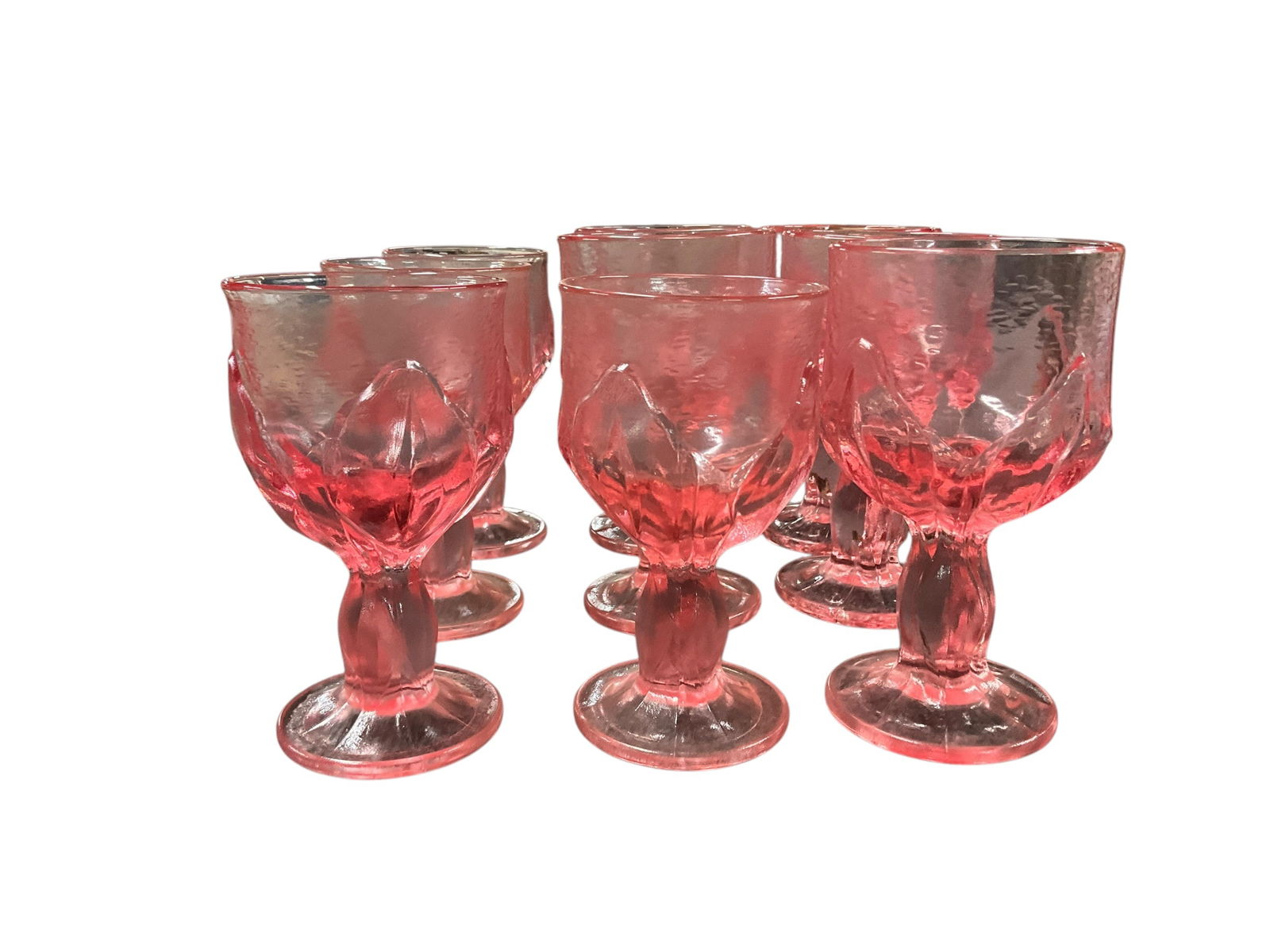Set of 9 Franciscan Cabaret Pink Glasses: Set of 9 Franciscan (or possibly Tiffin) Cabaret Pink Glasses- Five 6" water goblets, and four 5.5" wine glasses.