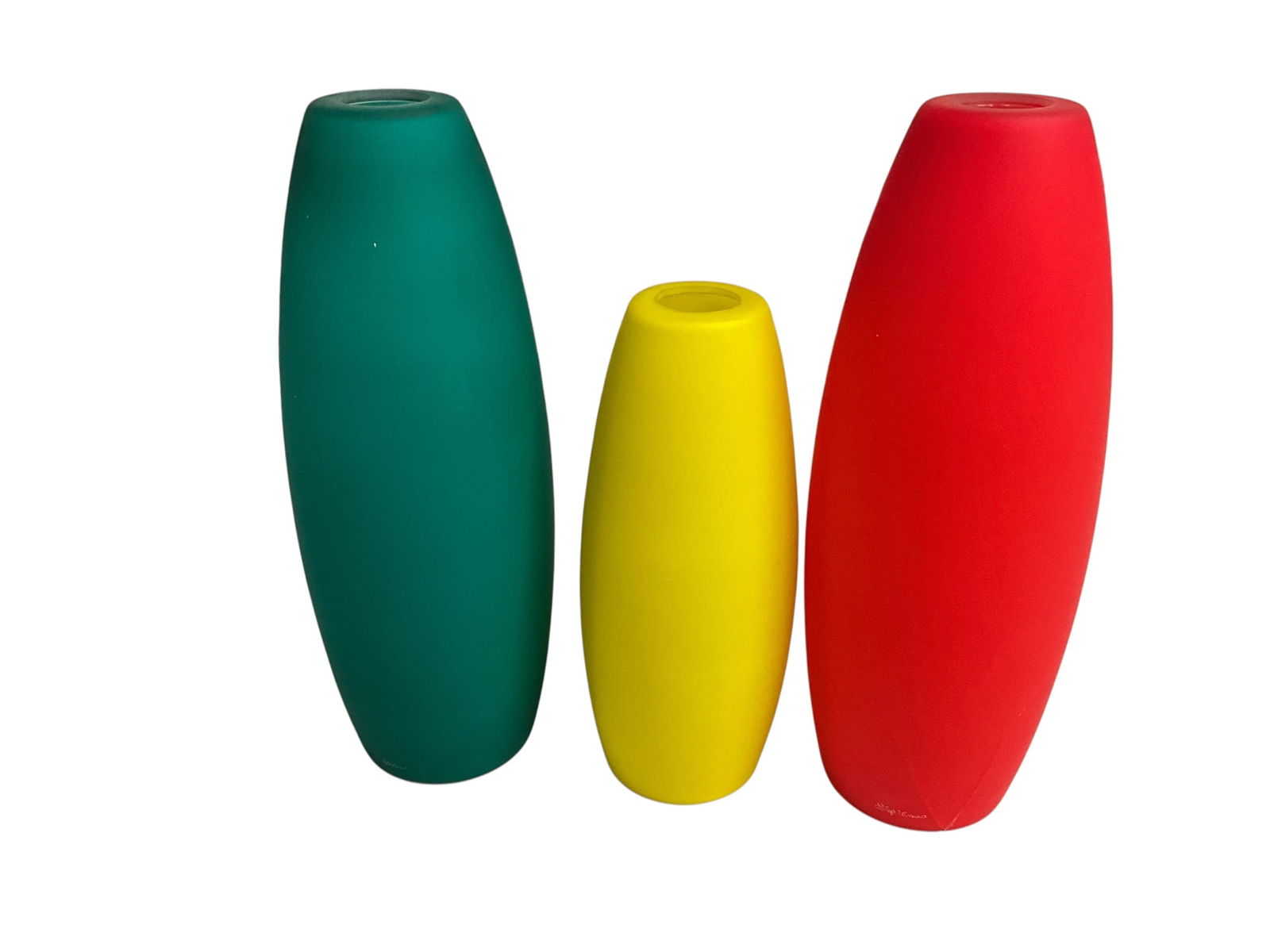 Mid-Century Modern DeMago Murano Glass Shades: Mid-Century Modern Murano Glass Shades. Three pendant shades for a three light fixture- yellow, orange-red and teal blue. The orange and teal are approx. 16.5", and the yellow is 12.5" in length,