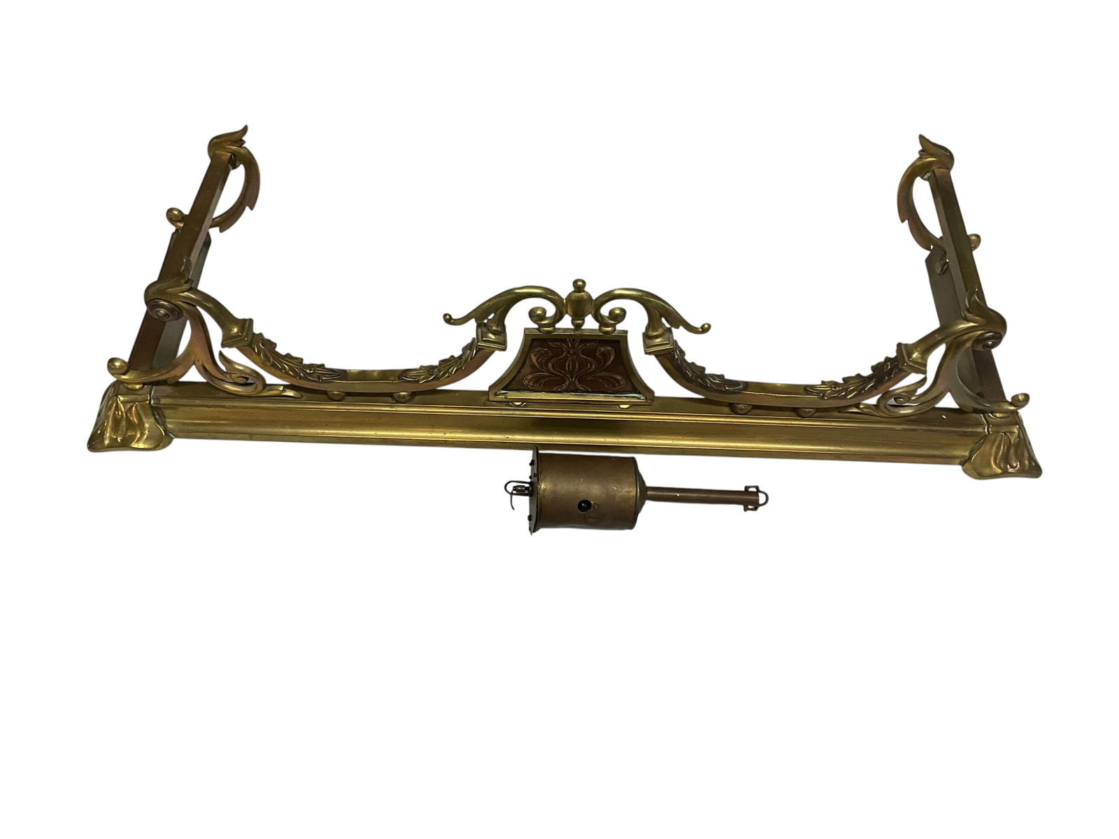 Ornate Fireplace Hearth Fender, and Roasting Jack: Ornate Fireplace Hearth Fender or Surround, and Roasting Jack. Brass, copper, and brass plated steel hearth surround for a fireplace, approx. 48" wide, 14.75" deep, and 11.25" high. Also a Salter's Ro