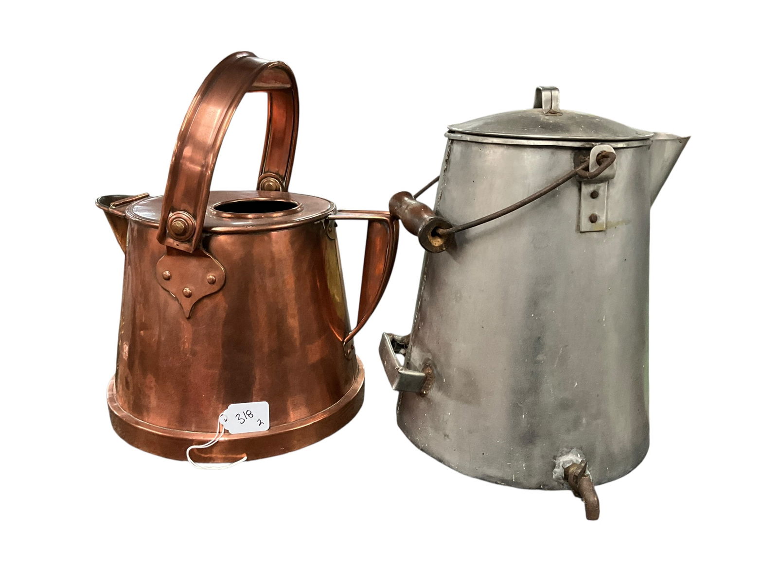 Early Coffee Pot/Urn, and English Copper Kettle: Early Coffee Pot/Urn, and English Copper Kettle. A large coffee pot/urn, with a spigot, likely for farm/ranch or work crew use, approx. 13.5" high. Also a very nice solid copper heavy English kettle,