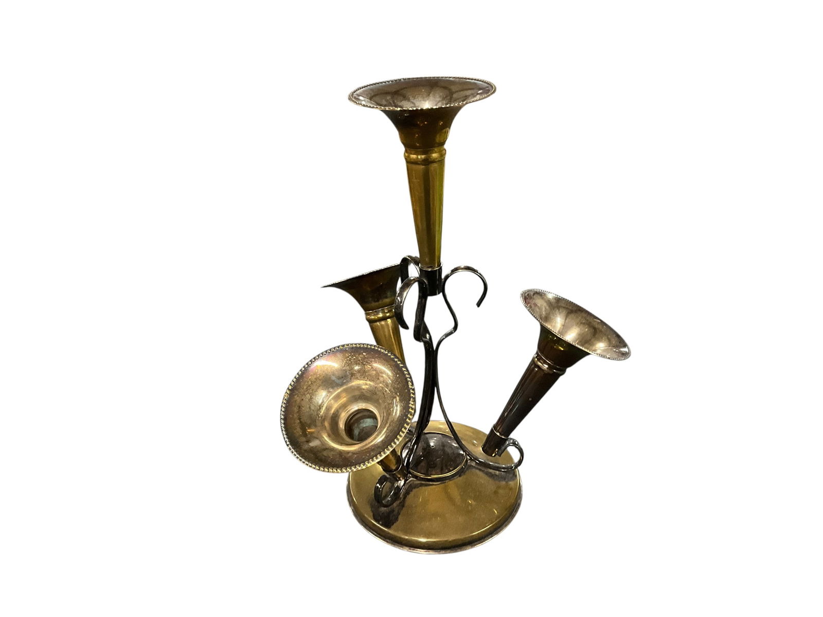 Four Horn Silver Plate Epergne: Four Horn Silver Plate Epergne. Unmarked silver plate epergne. Most of the plating is worn away, revealing the brass substrate.