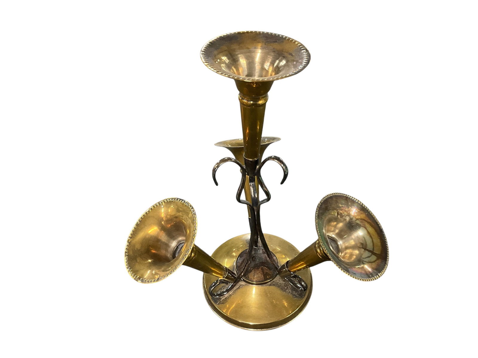 Four Horn Silver Plate Epergne: Four Horn Silver Plate Epergne. Unmarked silver plate epergne. Most of the plating is worn away, revealing the brass substrate.