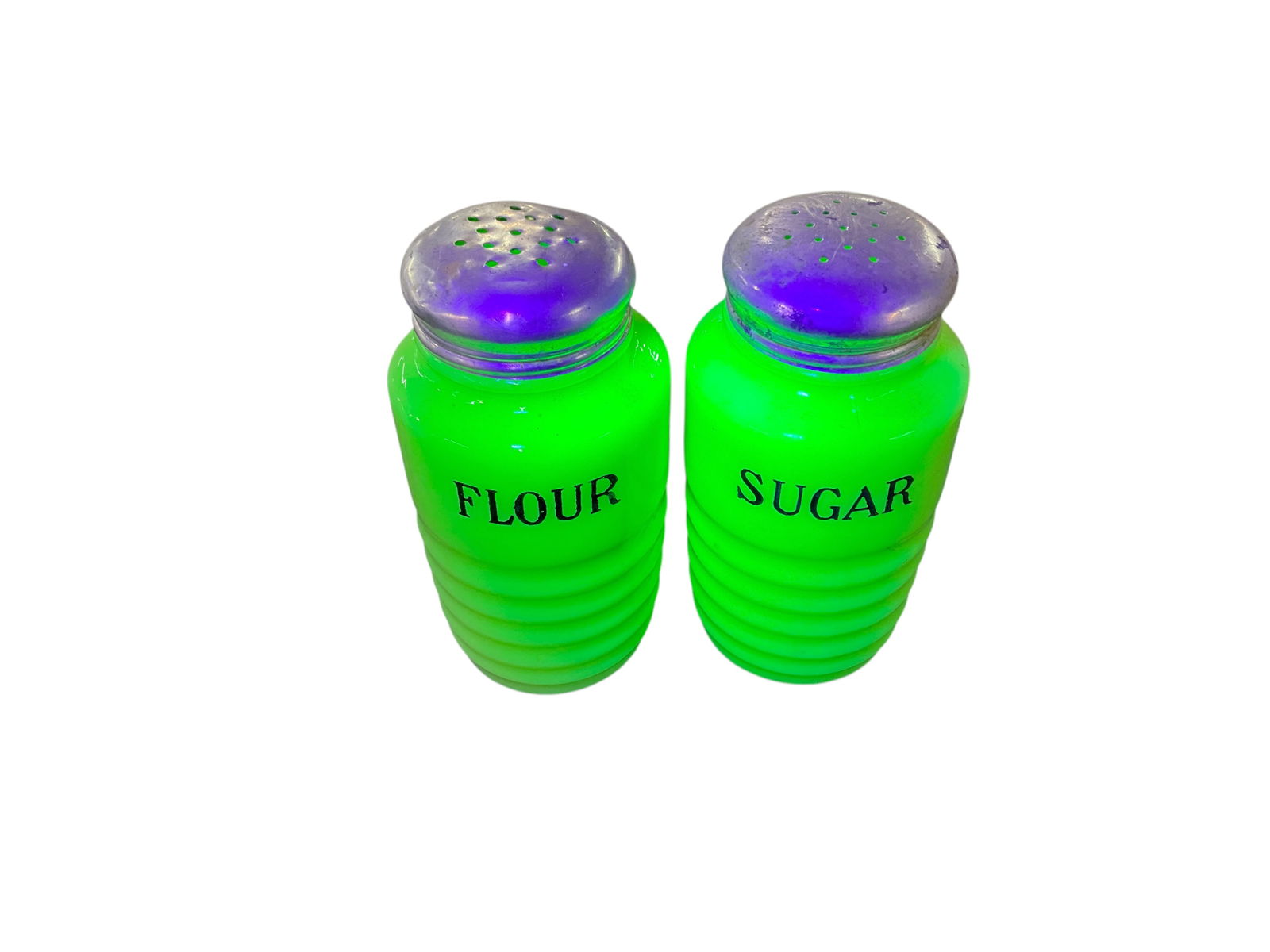 Jeannette Beehive Jadeite Salt & Pepper: Jeannette Beehive Jadeite Salt & Pepper. These are reactive, and fluoresce brightly under UV light. Approx. 5" high.