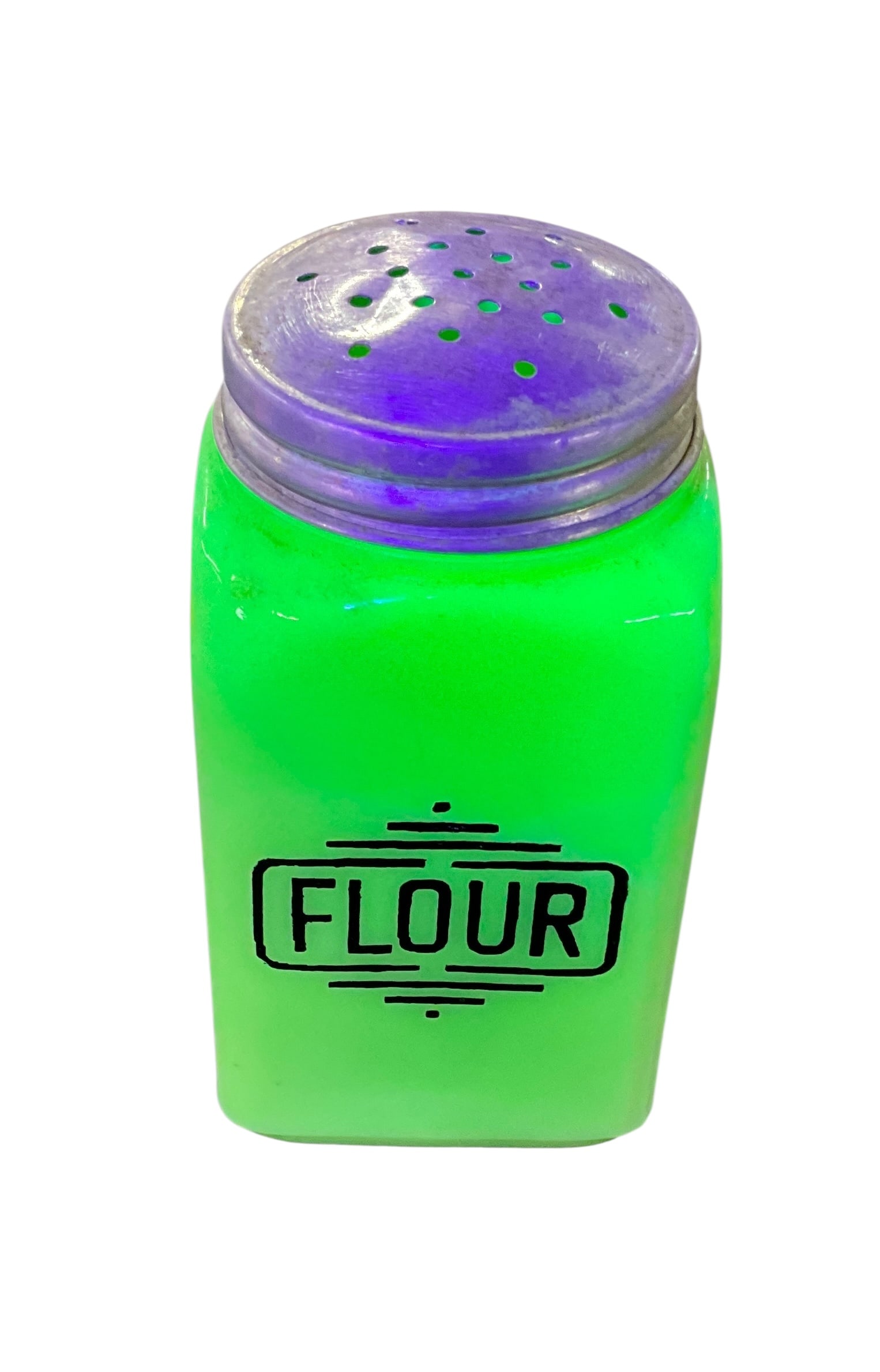 McKee Jadeite Flour Shaker: McKee Jadeite Flour Shaker. This shaker is reactive, and fluoresces brightly under UV light. Approx. 5" high. Tight closed end crack from rim, extending about 1.5" down the side.