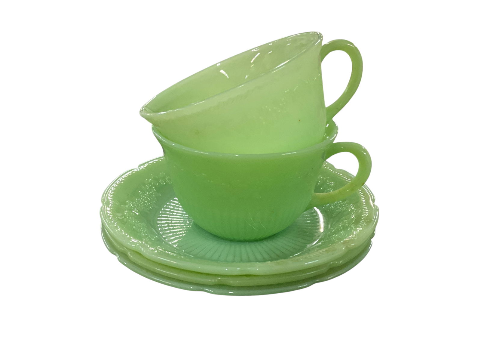 Fire King Alice Pattern Cups & Saucers: Fire King Alice Pattern Cups & Saucers. Two cups and three saucers.
