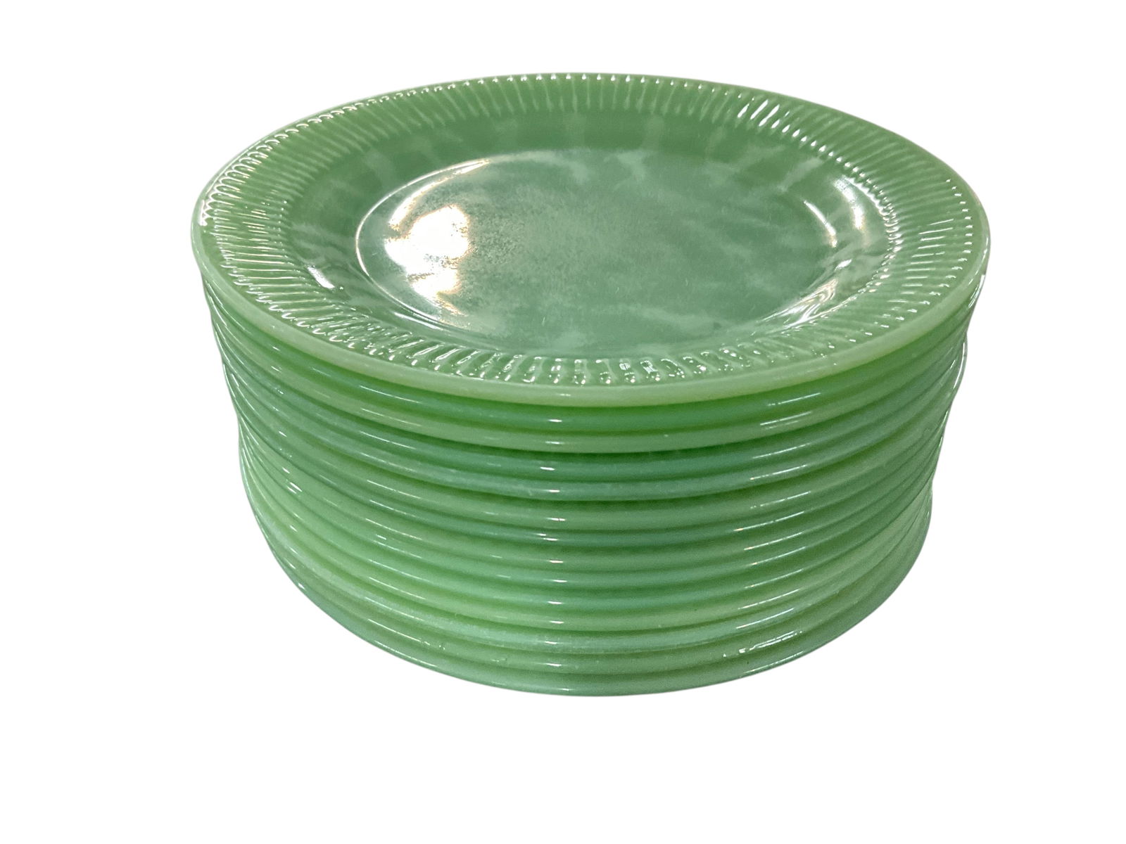 Fire King Jane Ray Pattern Dessert Plates: Fire King Jane Ray Pattern Dessert Plates. Fourteen 7.75" dessert plates- at least two have a small rim chips, and all have dishwasher hazing.