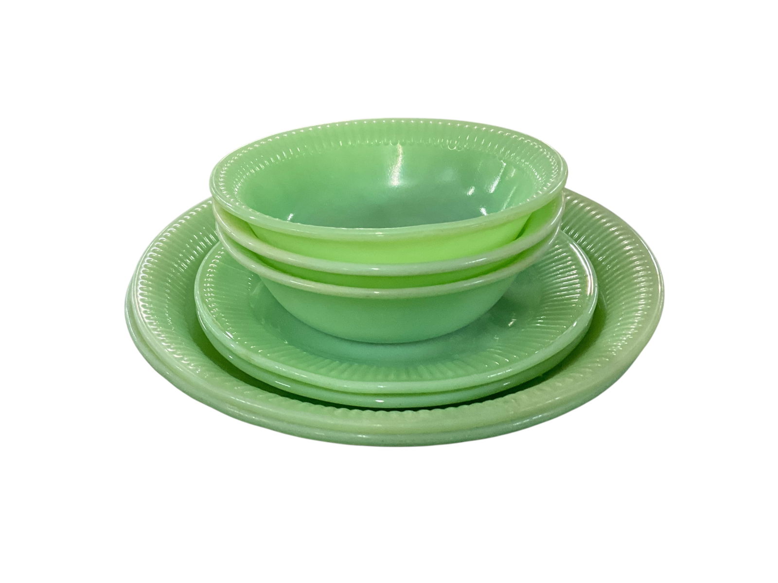 Fire King Jane Ray Pattern Lot: Fire King Jane Ray Pattern Lot. Two 7.5" Soup bowls, three 5" sauce dishes, and two 6" saucers. No cracks or chips noted, but all have light dishwasher hazing.