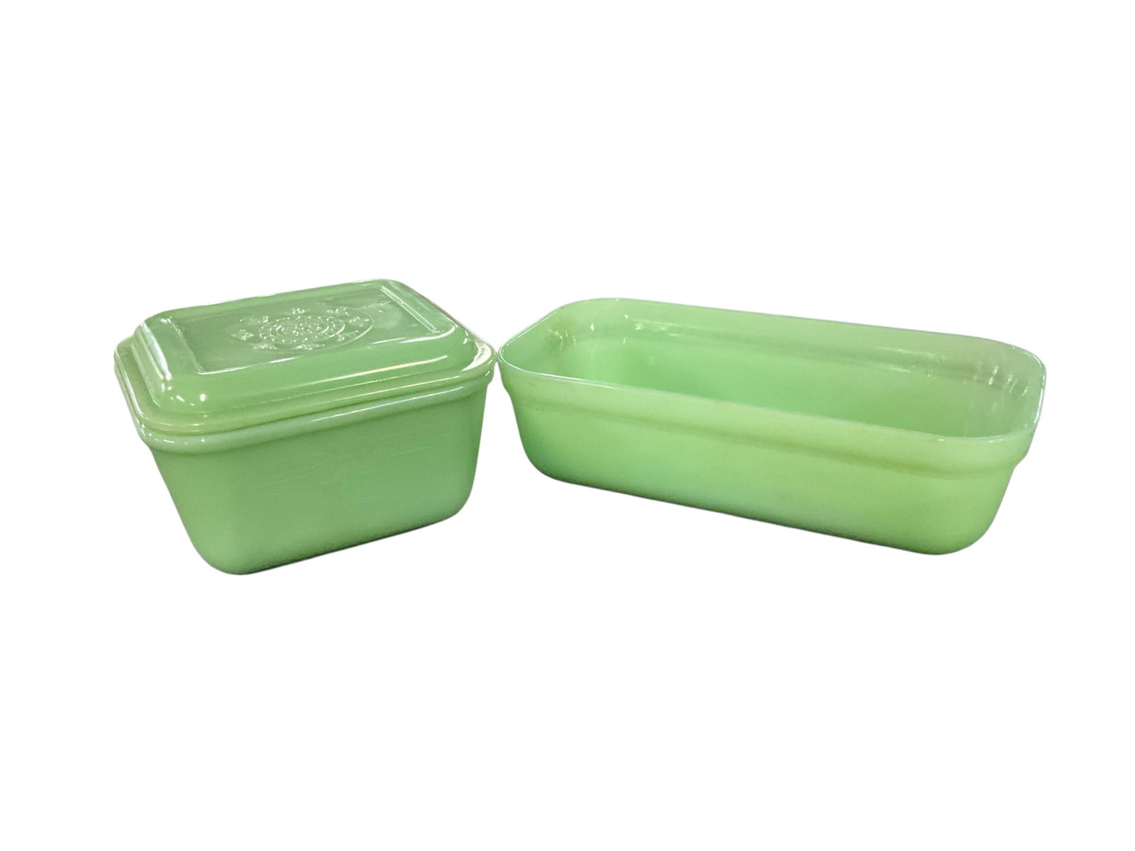 Fire King Lot: Fire King Lot. An 8" loaf pan, and a 5" covered refrigerator dish.