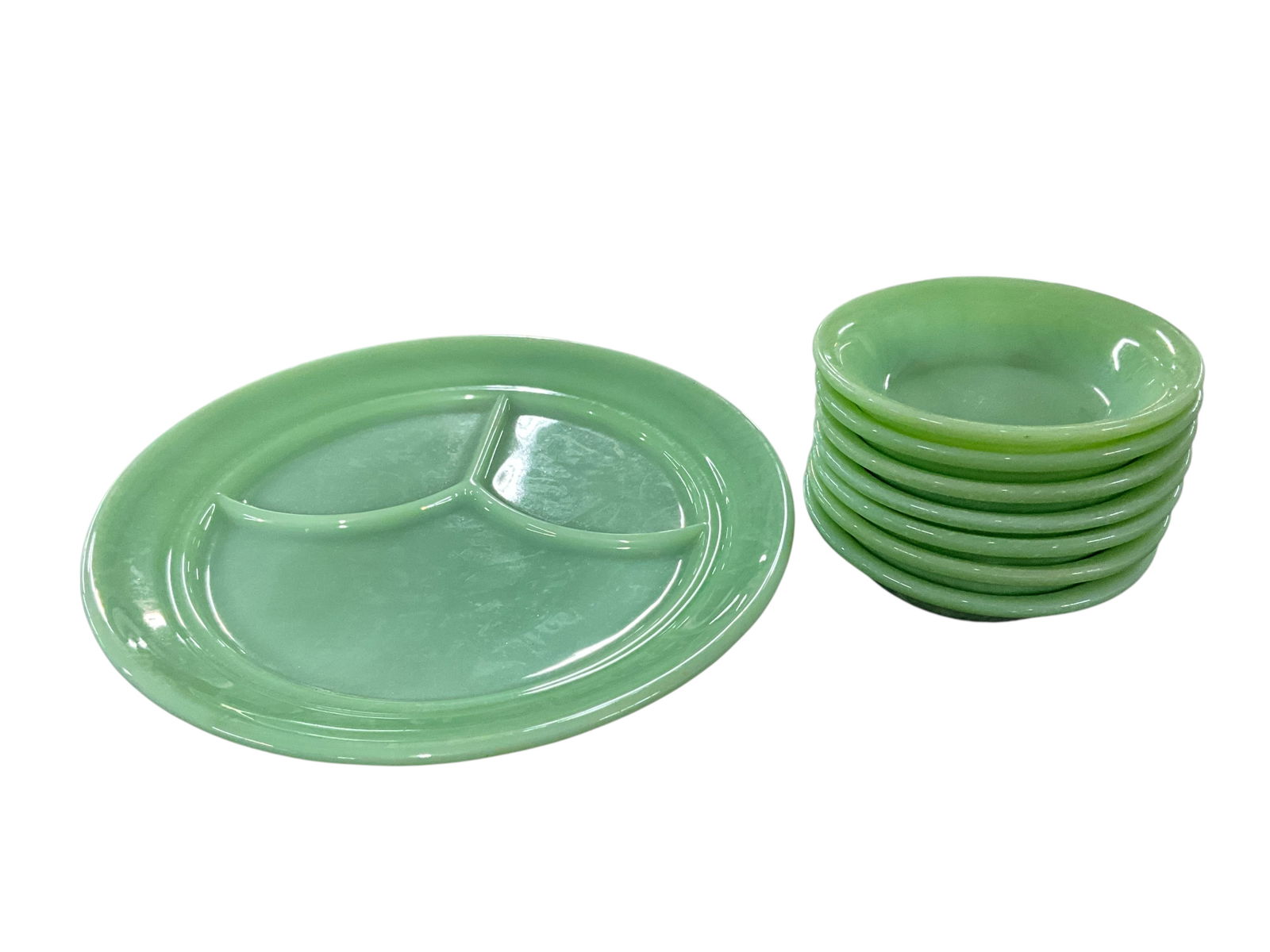 Fire King Lot: Fire King Lot. A divided 10" luncheon plate, and seven 5" sauce dishes.