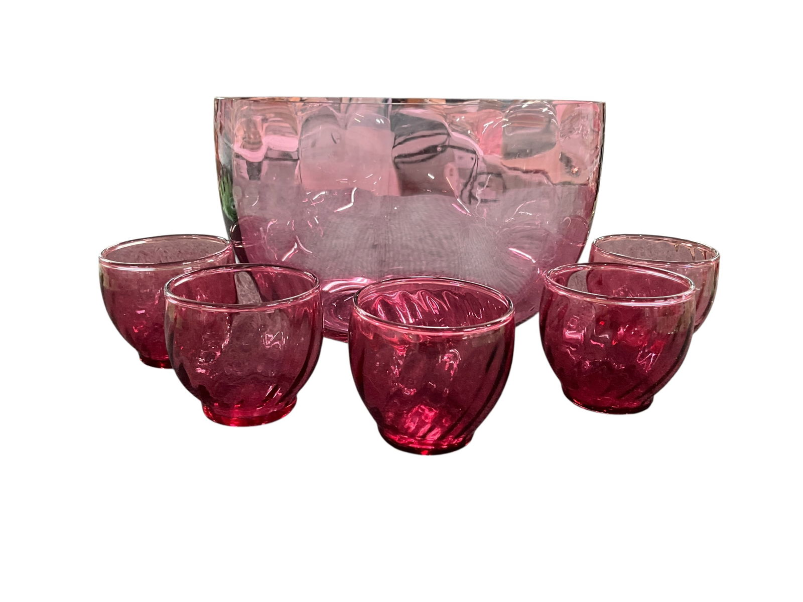 Cranberry Glass Lot: Cranberry Lot- A 9" punch bowl, with five 3" swirl pattern glasses.