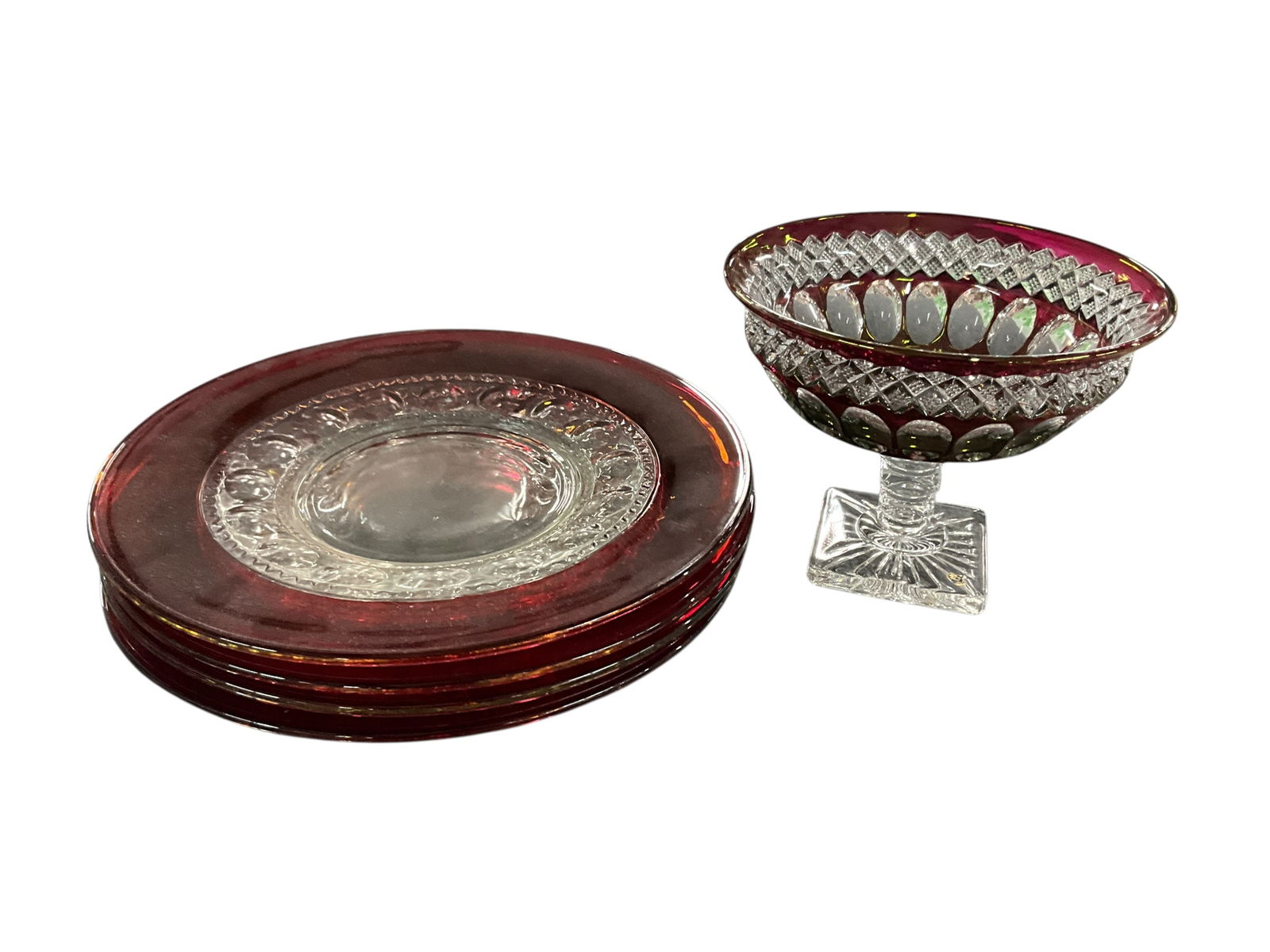 Cranberry Cut-to-Clear Dinner Plates & Compote: Cranberry Cut-to-Clear Dinner Plates & Compote. Four 10.5" dinner plates, and a 7" compote.