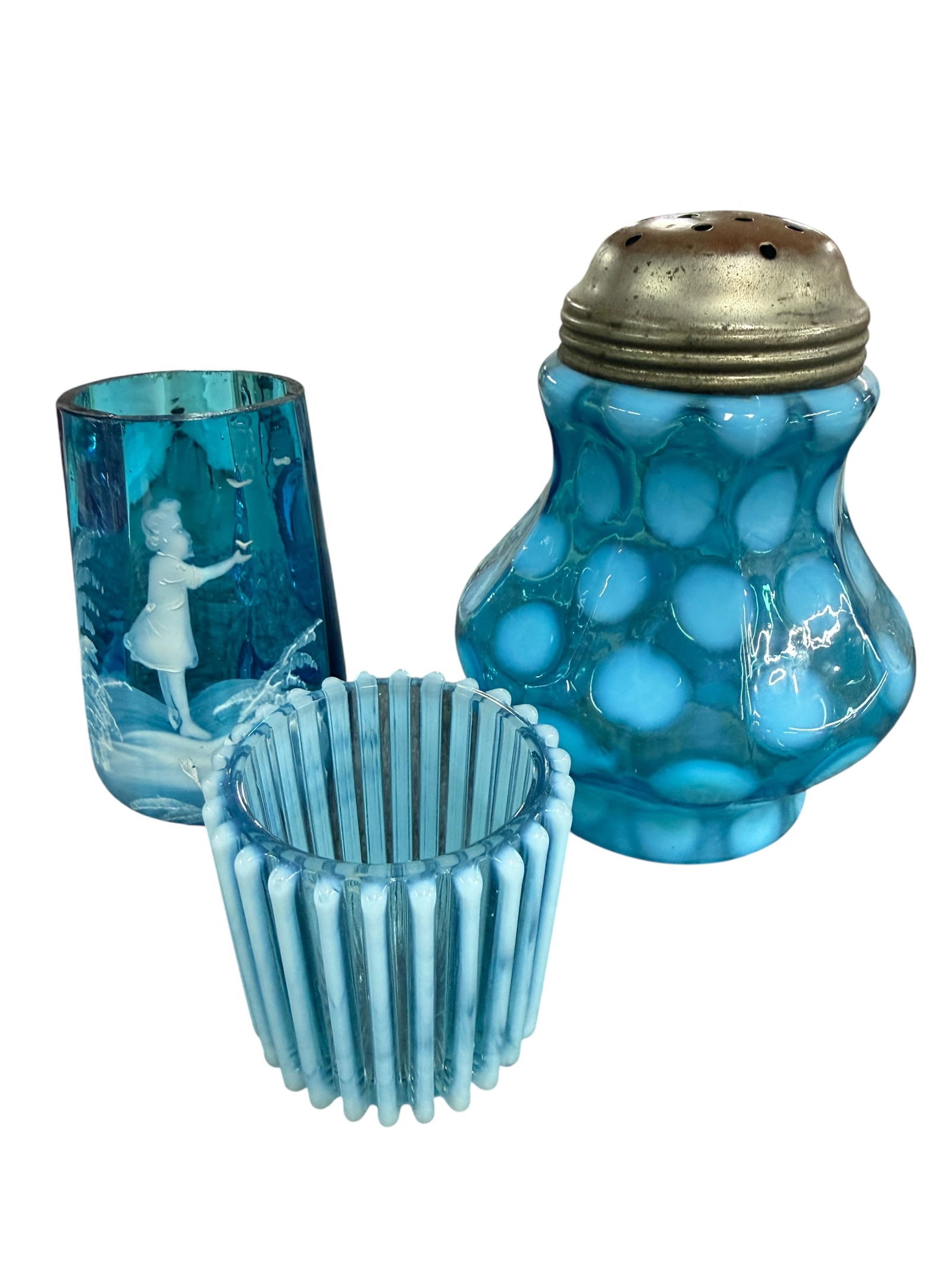Blue Glassware Lot: Blue Glassware Lot. A tiny Mary Gregory mug, a Fenton Coin Dot Muffineer, and a "Beatty Rib" toothpick holder.