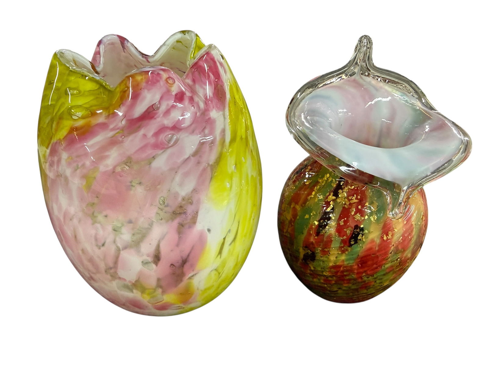 Art Glass Vases: Art Glass Vases- A 6" Legras Spatter or "End-of Day"vase with crimped rim, and a 5.5" Murano spatter or "End-of Day" Jack-in-the-Pulpit vase.