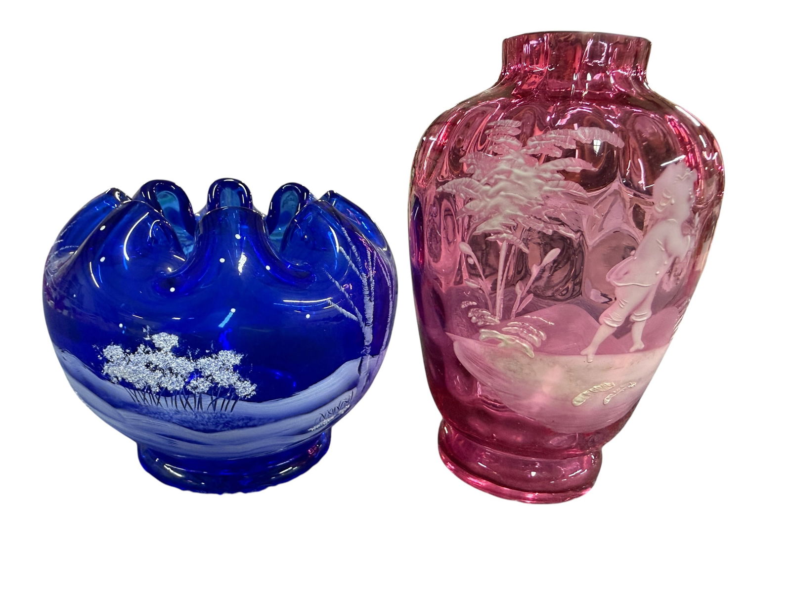 Mary Gregory Vases: Mary Gregory Vases. A cranberry 5" bud vase, and a cobalt 3.5" rose bowl.