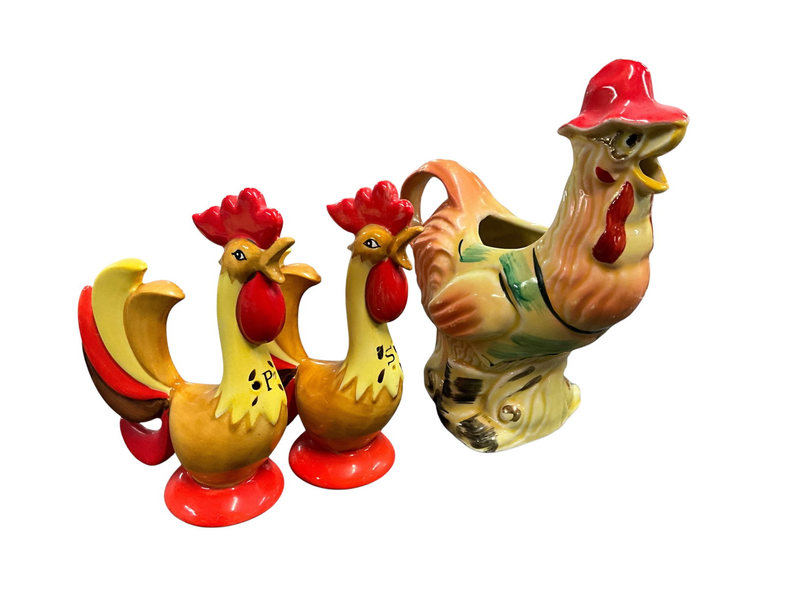 Regal China Creamer, Holt-Howard Salt & Pepper.: Regal China Creamer, Holt-Howard Salt & Pepper. Regal China "Old MacDonald's Farm" 6.5" rooster creamer, and a pair of Holt-Howard rooster salt & pepper shakers.