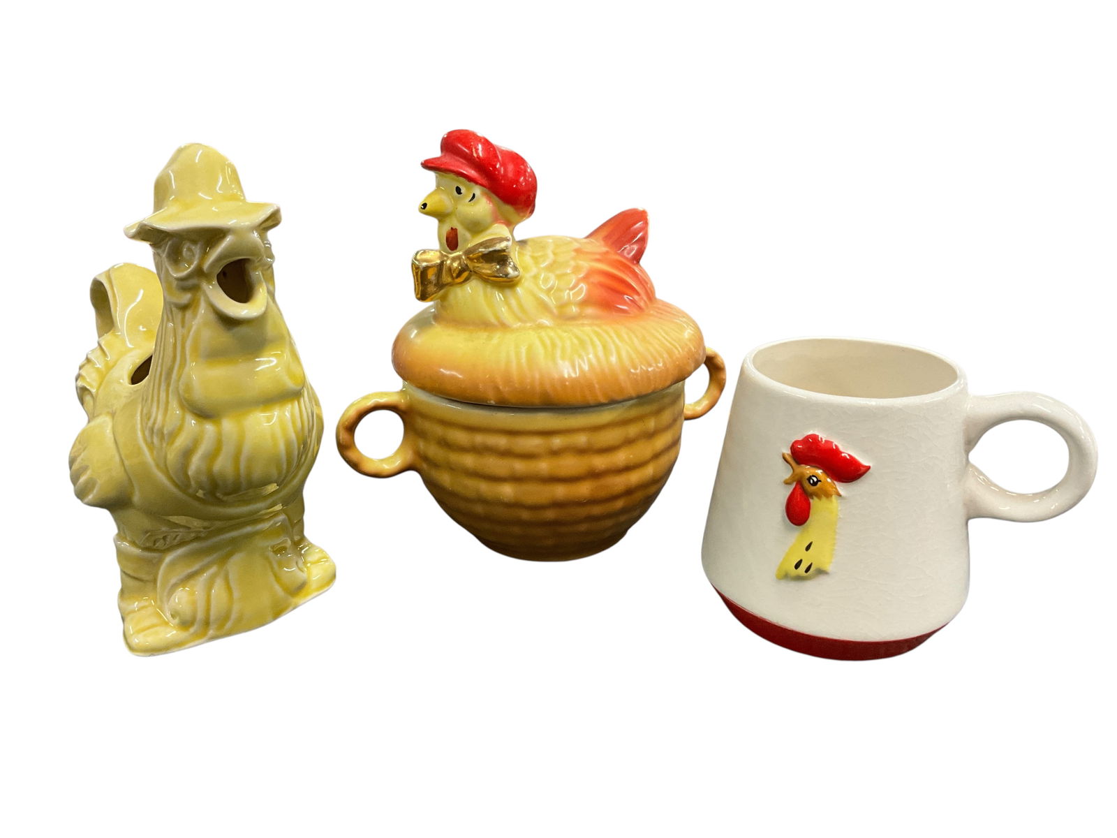 Regal China Sugar & Creamer, Holt-Howard mug.: Regal China Sugar & Creamer, Holt-Howard mug. The sugar and creamer are both from the "Old MacDonald's Farm" series, though of different colorways. The Holt-Howard children's rooster mug is approx.