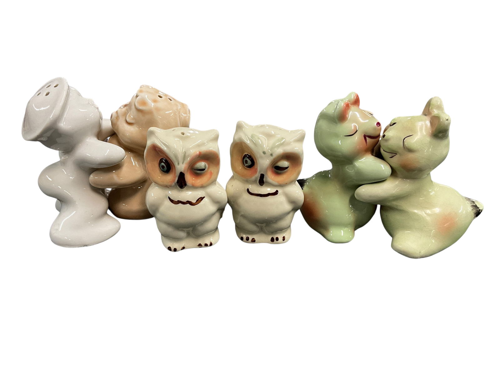 Blossom Top Salt & Pepper, Duck, Egg Cup: Ridge Southern Pottery "Blossom Top" salt & pepper shaker set, a duck figurine by Kay Finch, and a hand painted "Boerenbont" (Farmer's colorful) egg cup.