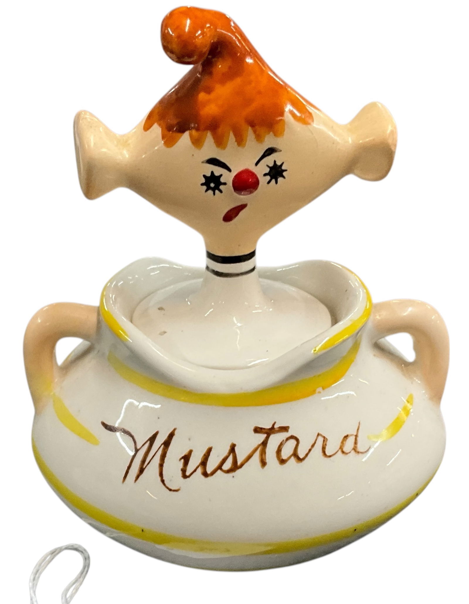 Davar Pixieware Style Condiment Jar: Davar Pixieware Style Condiment Jar. 1959 Mustard Jar from Davar, a copy of the Holt-Howard Pixieware line that has collector value in its own right. Old repair to broken spoon.