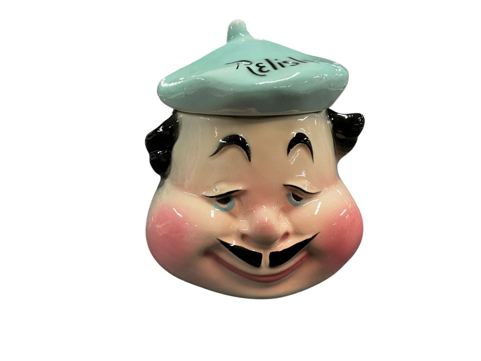 Frenchman Condiment Jar: Frenchman Condiment Jar. A relish jar in the shape of a smiling Frenchman, whose beret forms the lid of the jar.