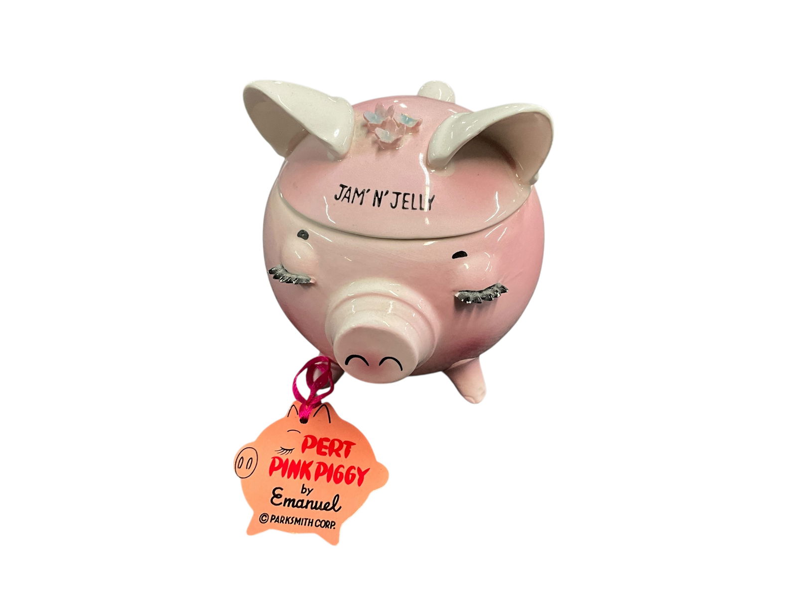 Pert Pink Piggy Condiment Jar: Pert Pink Piggy Condiment Jar, by Emmanuel. A "Jam n' Jelly" jar, with original hang tag and a ceramic spoon.