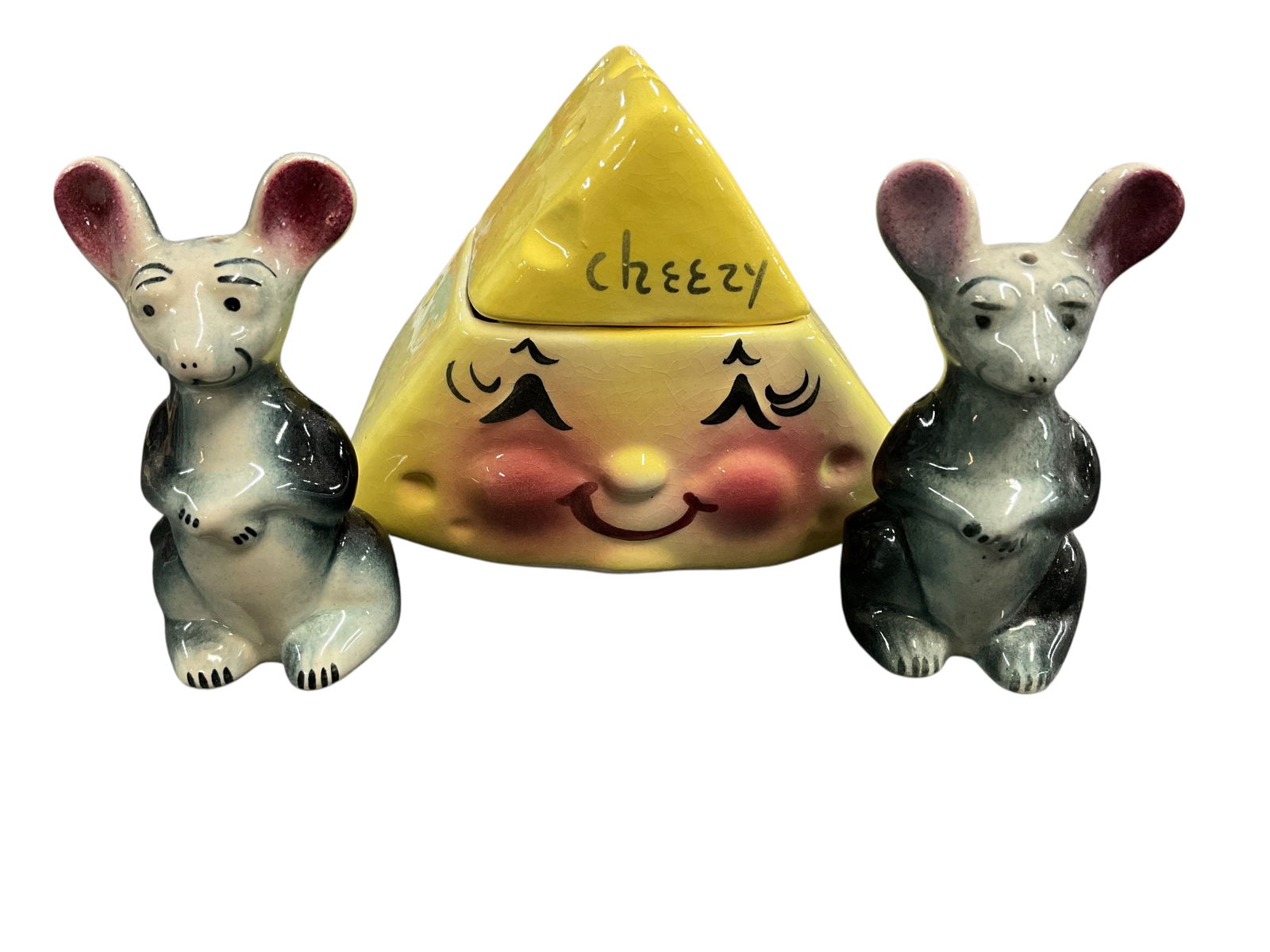 DeForest California "Cheezy" Condiment Jar, Mice Shakers: DeForest California "Cheezy" Condiment Jar. A 1950's DeForest California "Cheezy" ceramic condiment jar, and two mice, likely from "Mouse & Cheese" shaker sets, made in Japan.