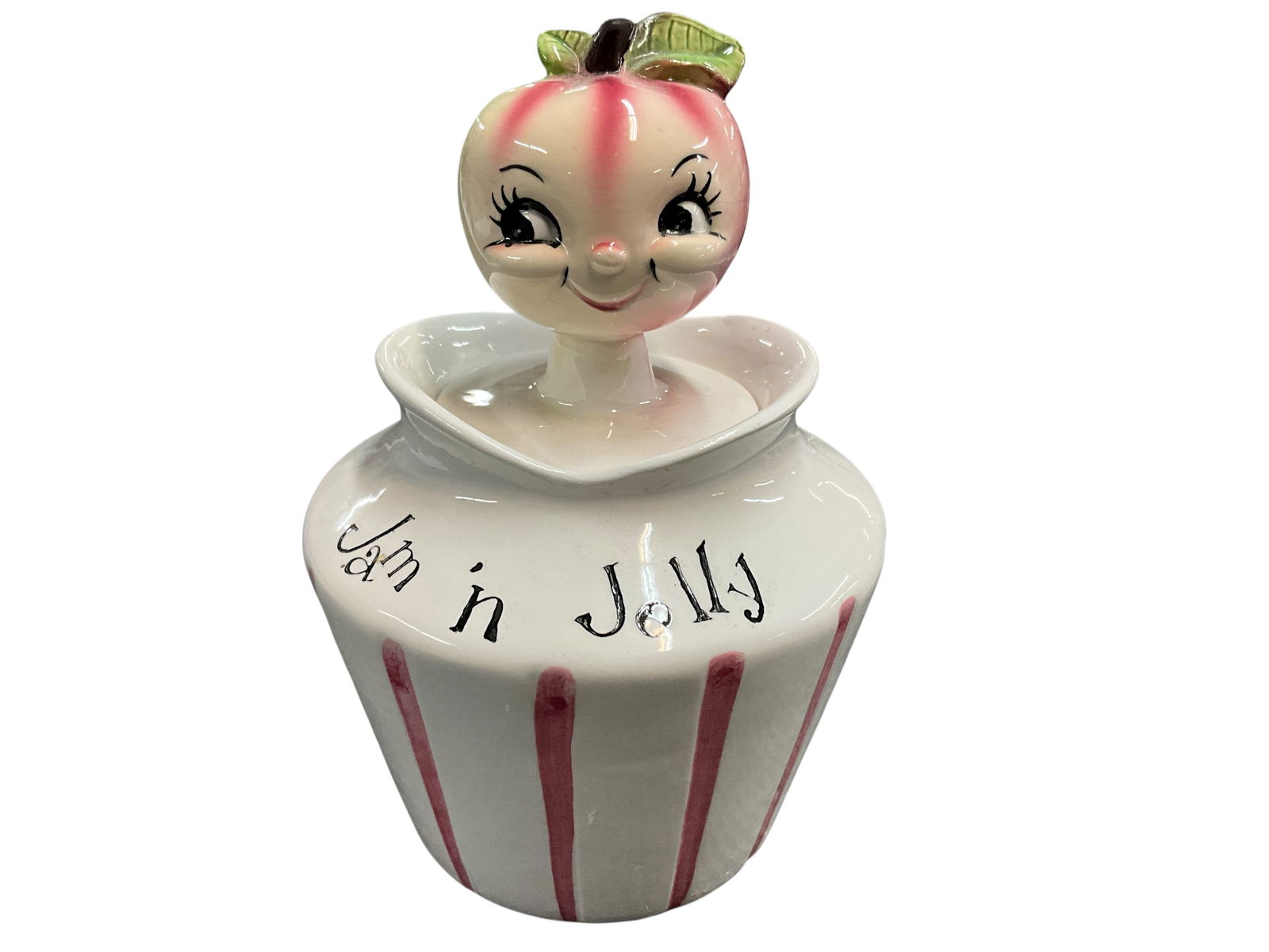 Unmarked Pixieware Style Condiment Jar: Unmarked Pixieware Style Condiment Jar. A "Jam 'n Jelly" jar that is likely from Betson's, a competitor but not a direct copy of the Holt-Howard Pixieware line. There are a couple of small chips to