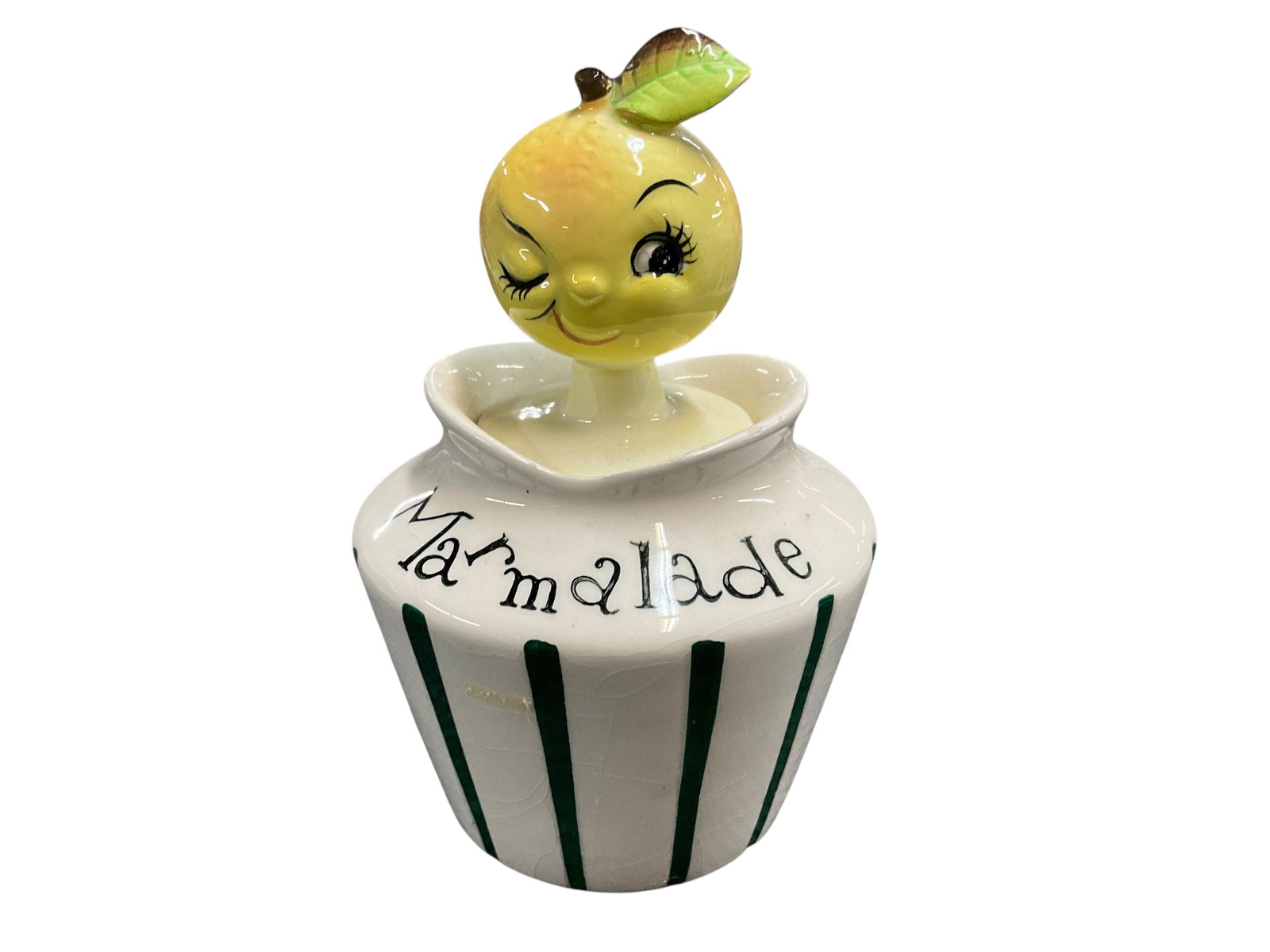 Unmarked Pixieware Style Condiment Jar: Unmarked Pixieware Style Condiment Jar. A Marmalade jar that is likely from Betson's, a competitor but not a direct copy of the Holt-Howard Pixieware line.