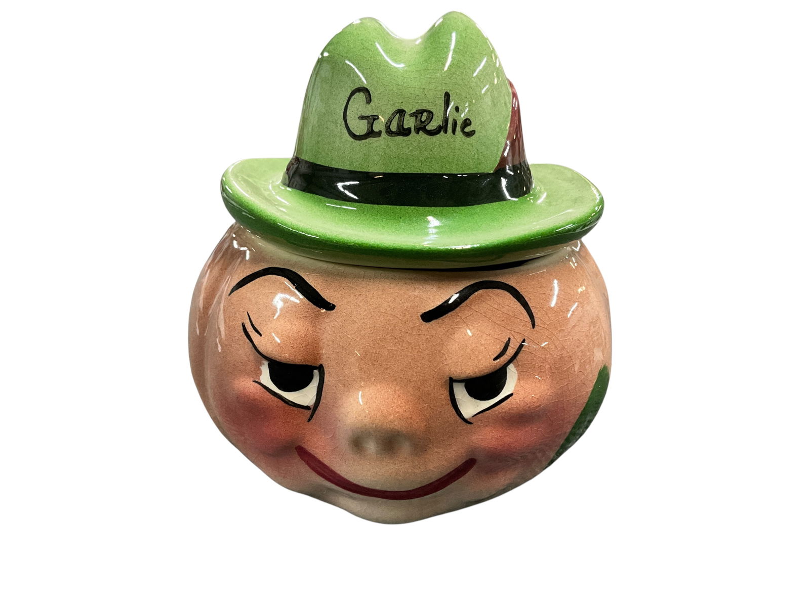 DeForest California Hand Painted Garlic Jar: DeForest California Hand Painted Garlic Jar. Garlic clove head with hat lid, marked "Garlic."