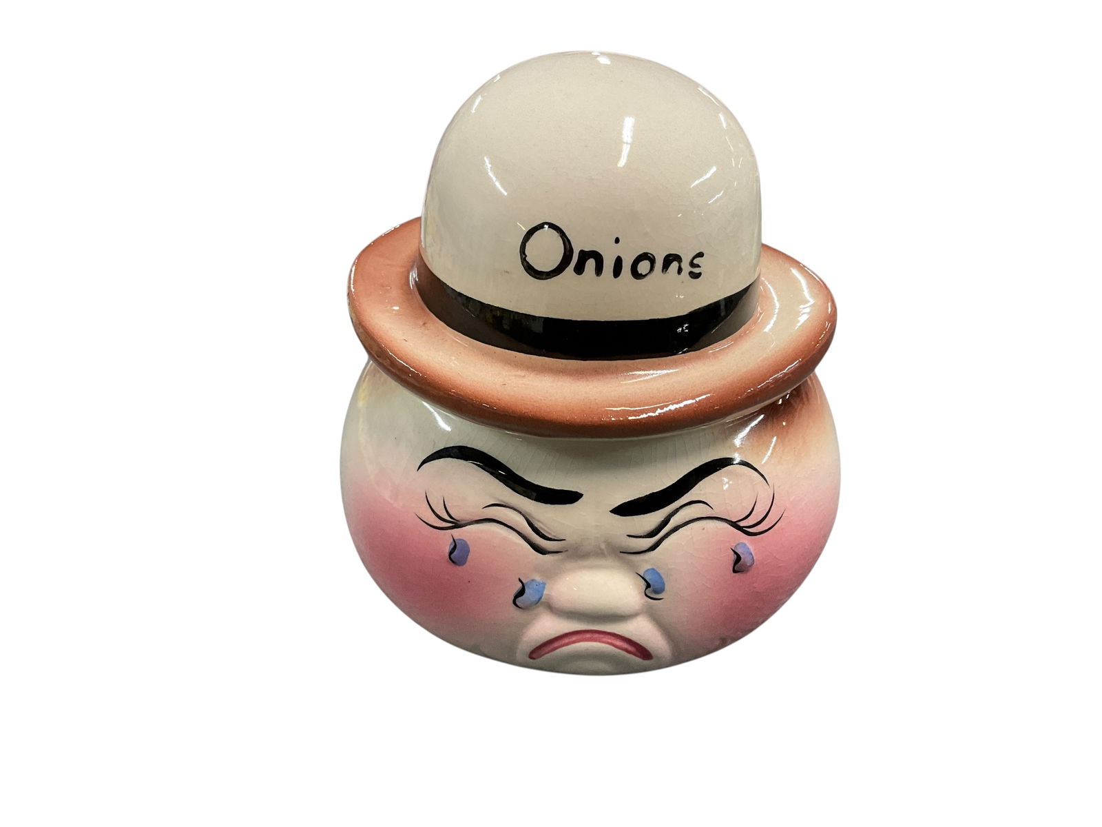 DeForest California Hand Painted Onion Jar: DeForest California Hand Painted Onion Jar. Onion head with teary face and hat lid, marked "Onions."